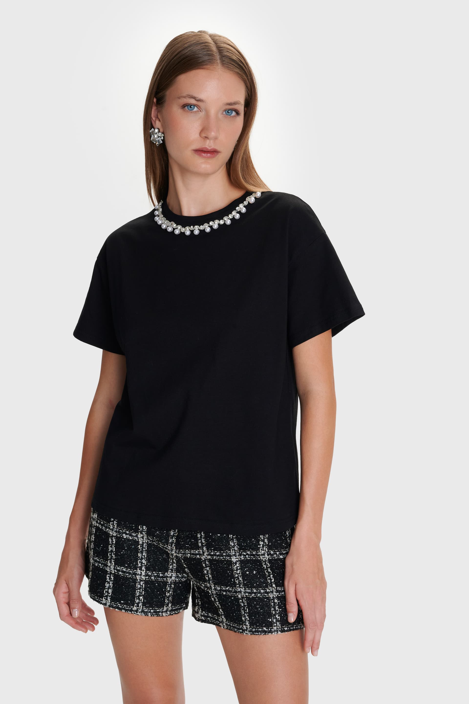 Μπλούζα κοντομάνικη με διακοσμητικά στοιχεία - Μαύρο