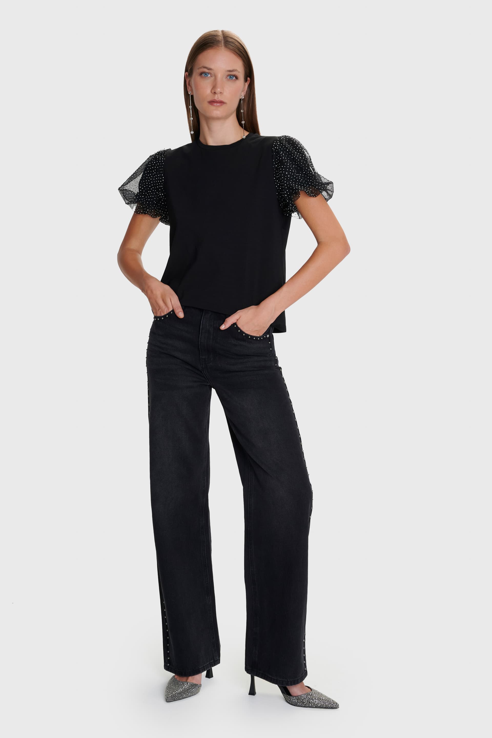 Μπλούζα κοντομάνικη με φουσκωτό μανίκι - Μαύρο