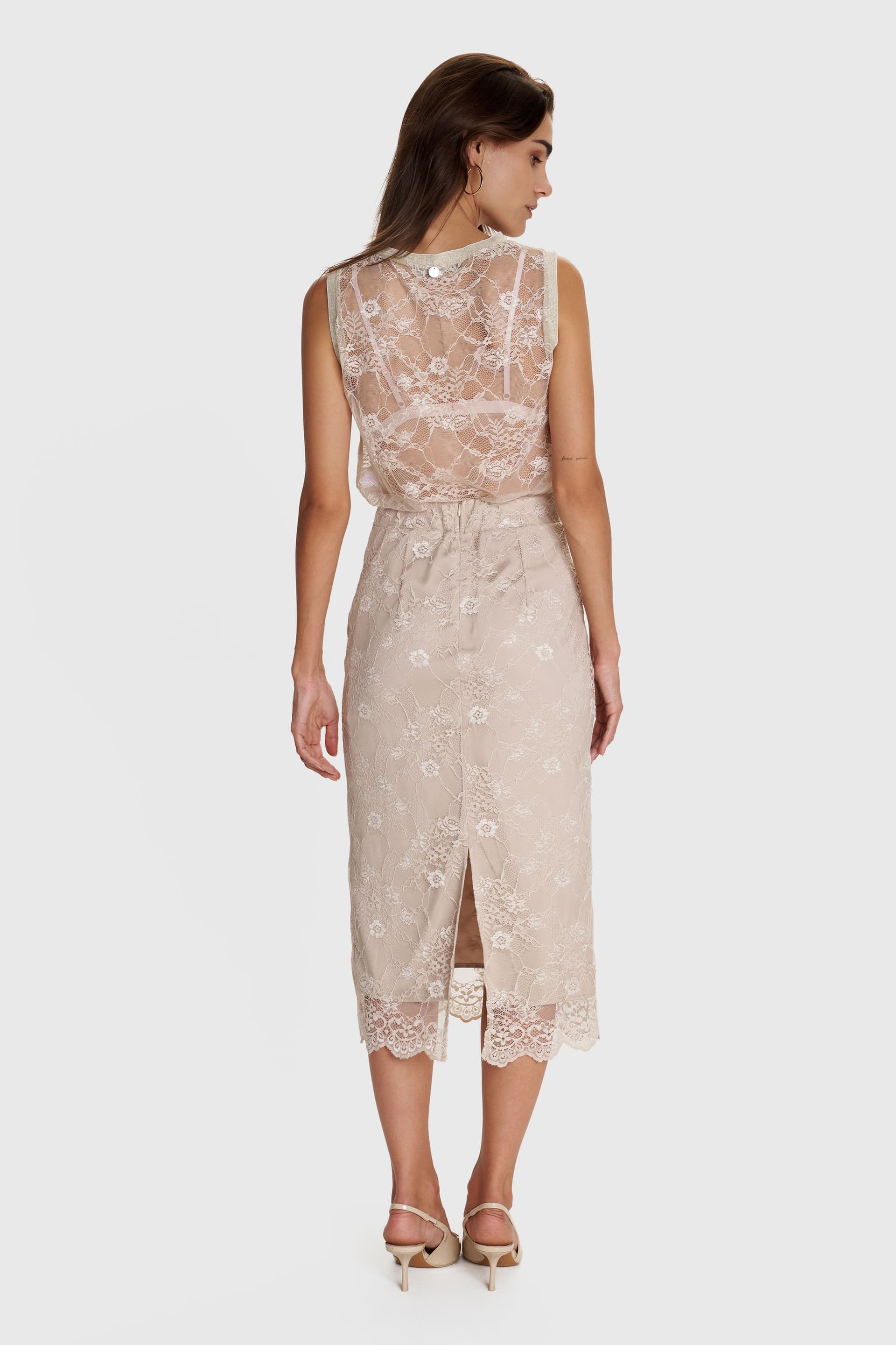 Φούστα μίντι δαντέλα - Μπεζ