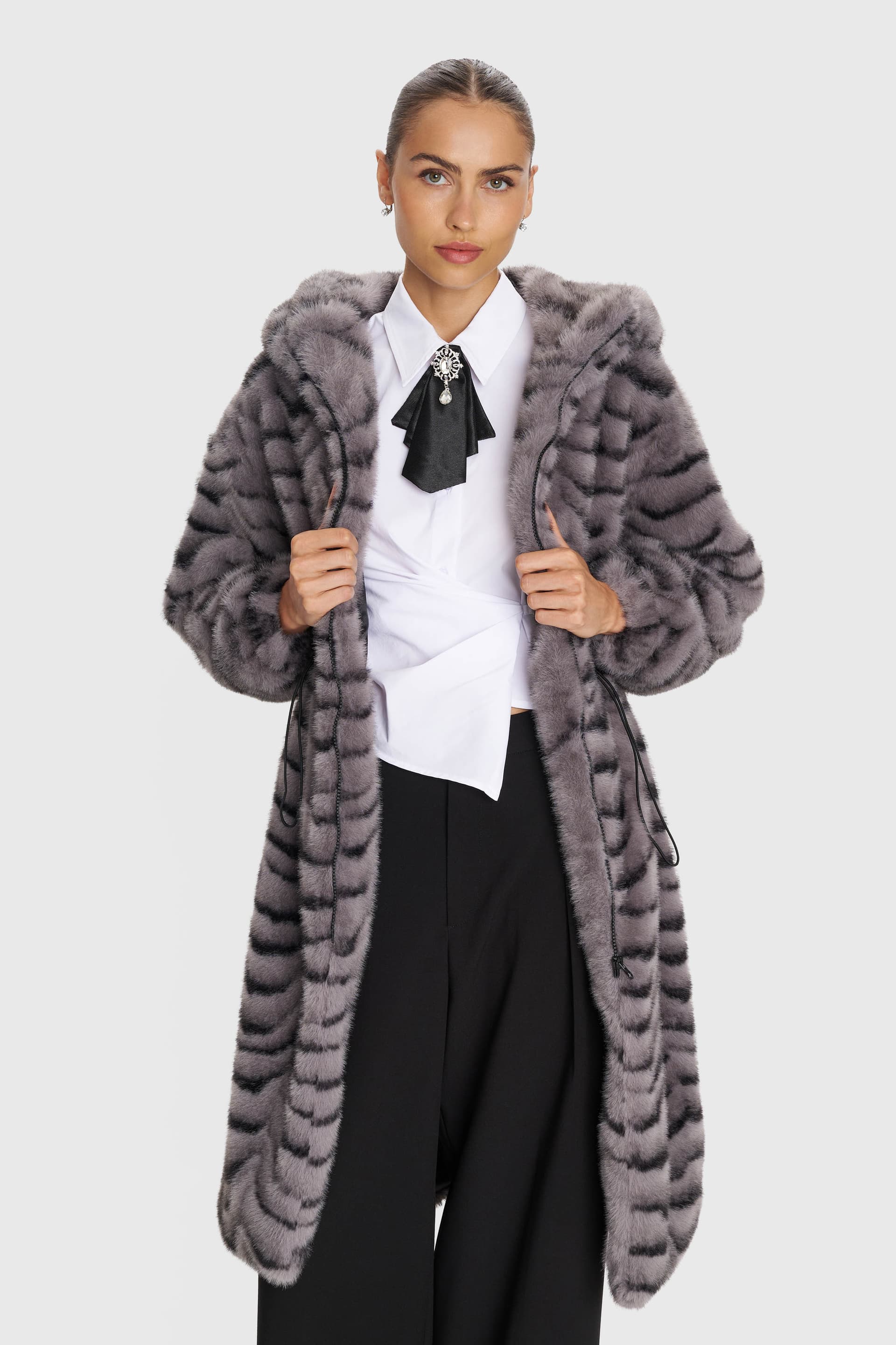 Παλτό με εφέ γούνας - Γκρι