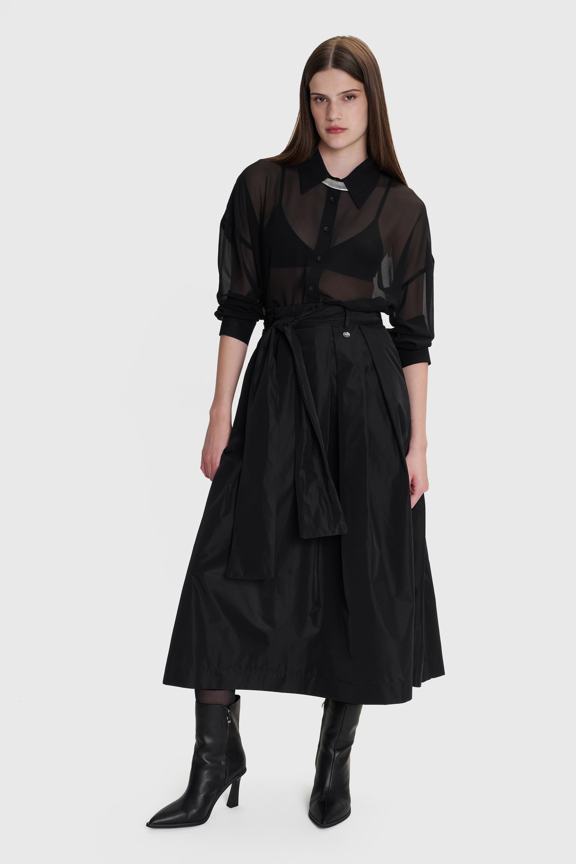 Φούστα μίντι με ζώνη - Μαύρο