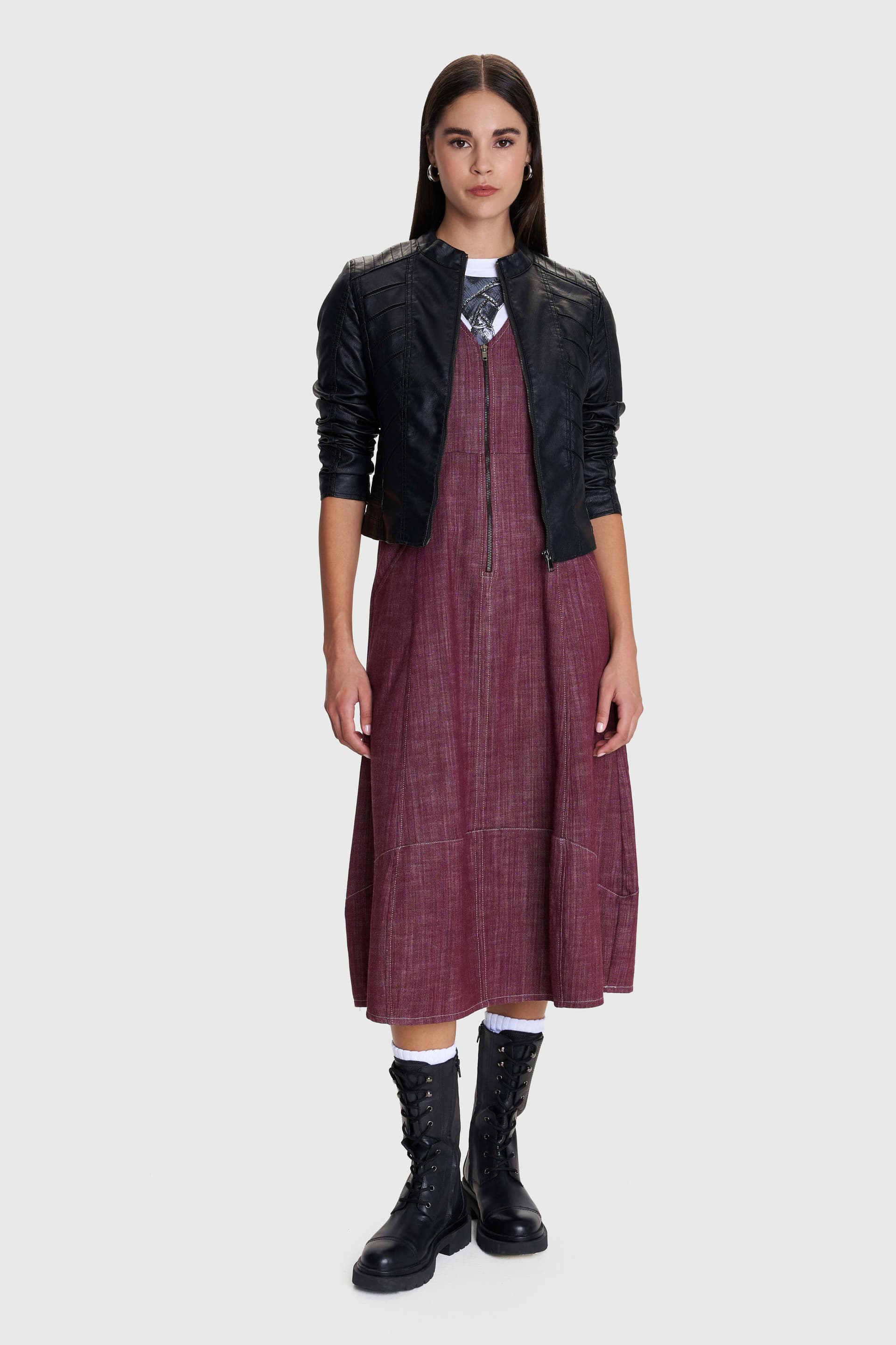 Φόρεμα μίντι με εξώραφα - Μπορντό