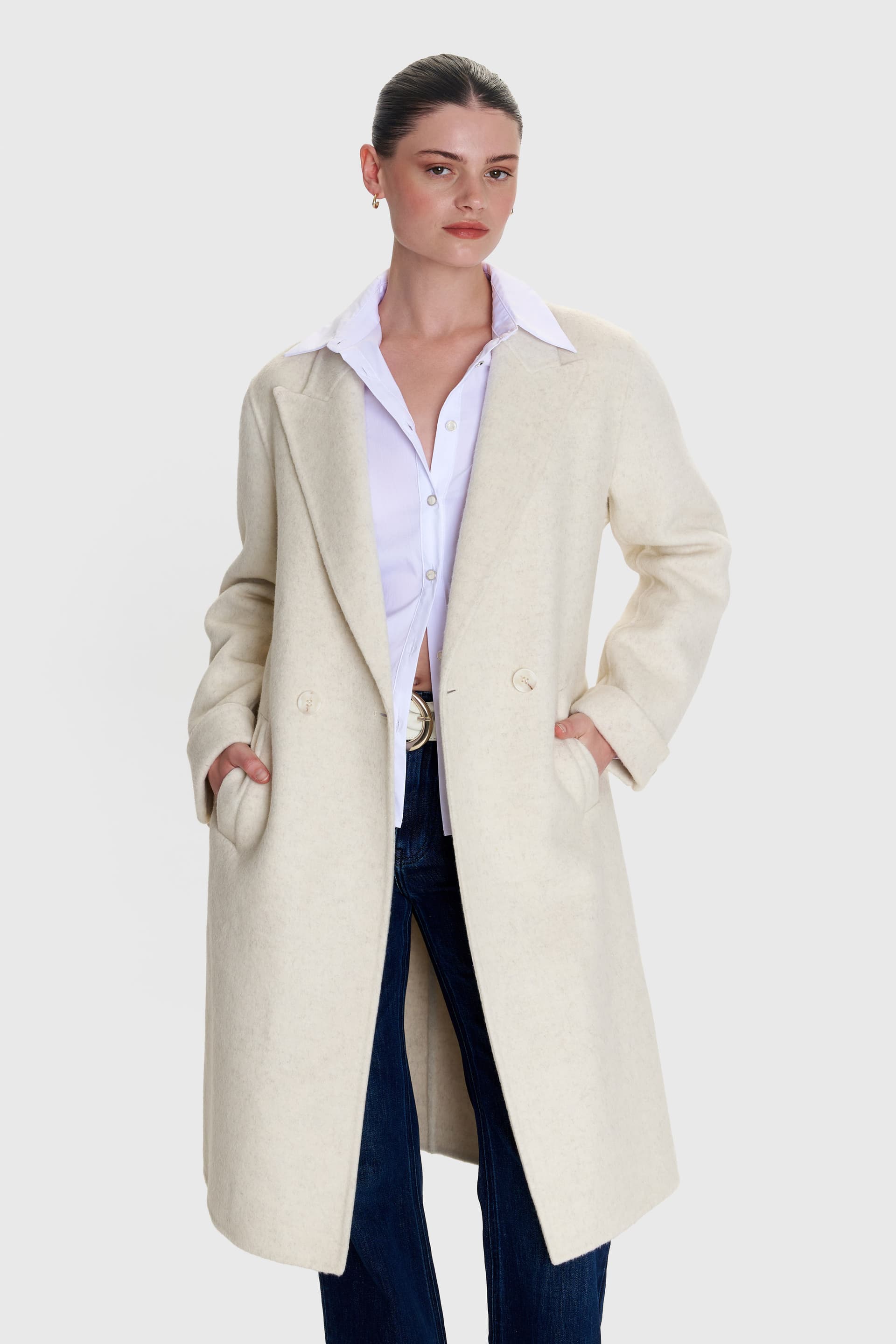 Παλτό σταυροκουμπωτό με ζώνη - Εκρού