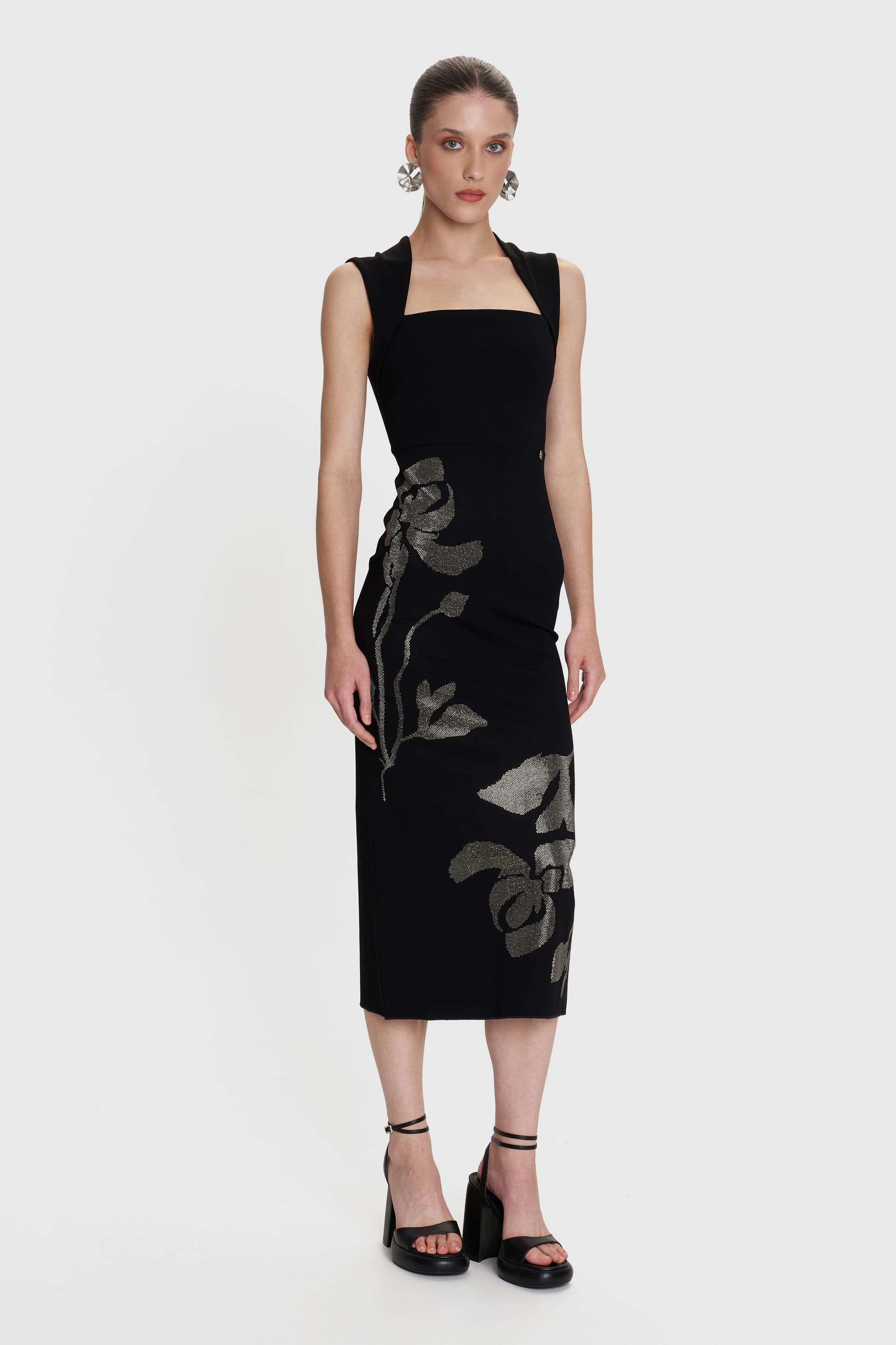 Φόρεμα μίντι με λεπτομέρεια από στρας - Μαύρο