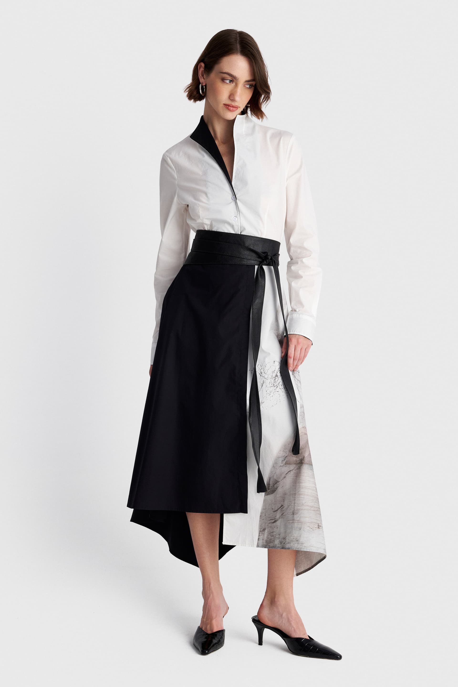 Φούστα μίντι δίτονη με print - Μαύρο