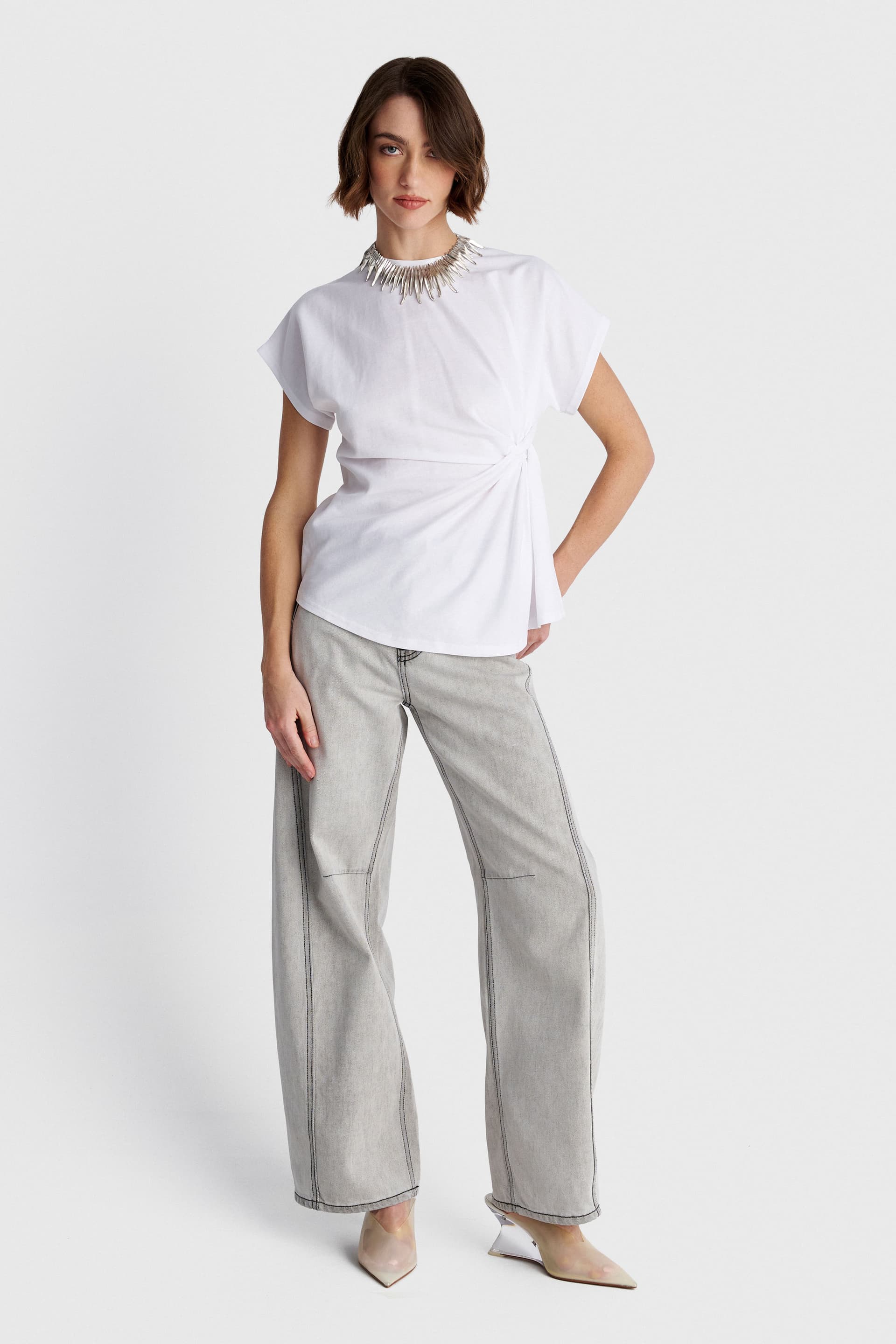 Μπλούζα κοντομάνικη με σούρα στο πλάι - Λευκό