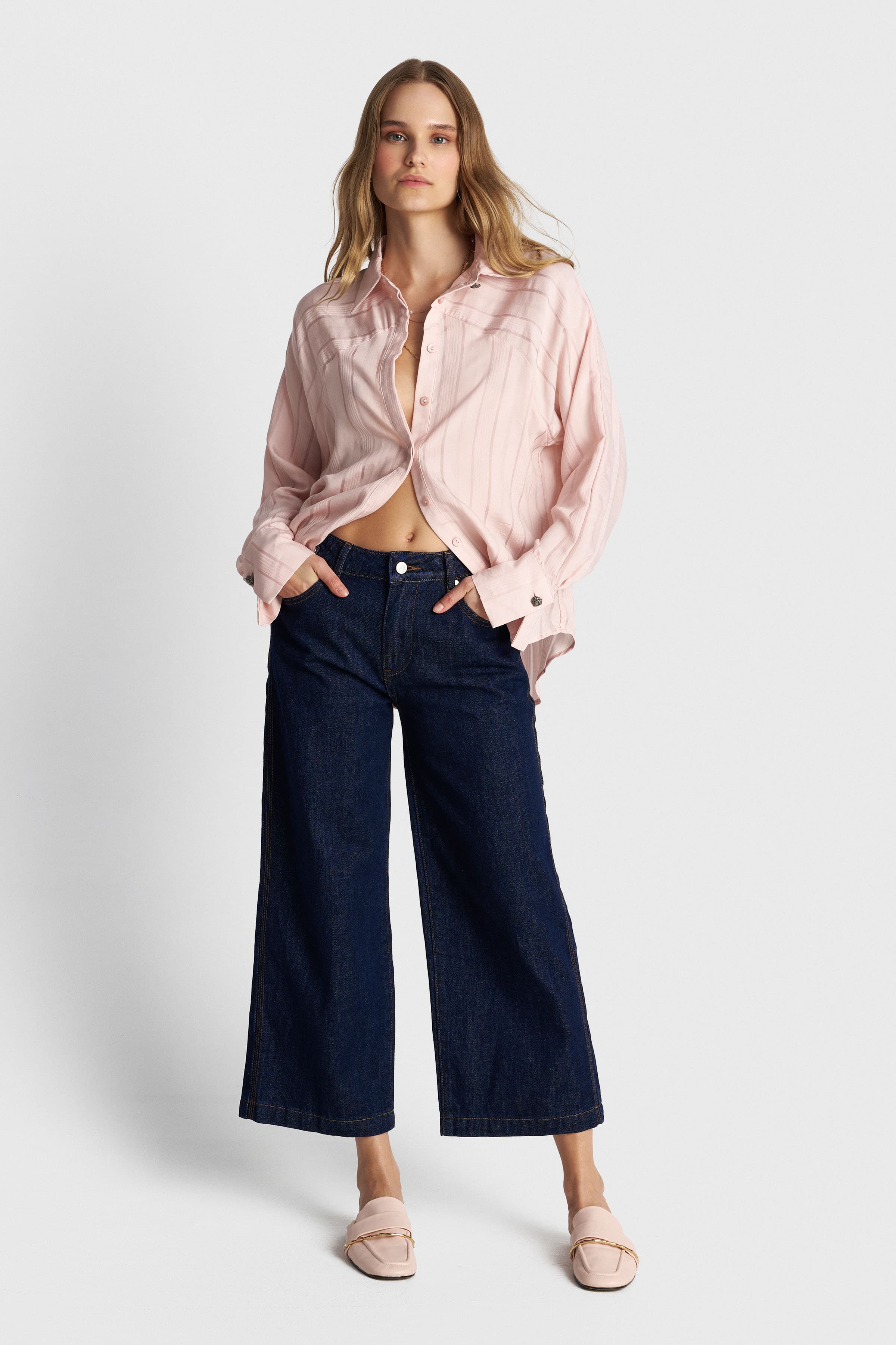 Πουκάμισο ριγέ με διακοσμητικά κουμπιά - Ροζ