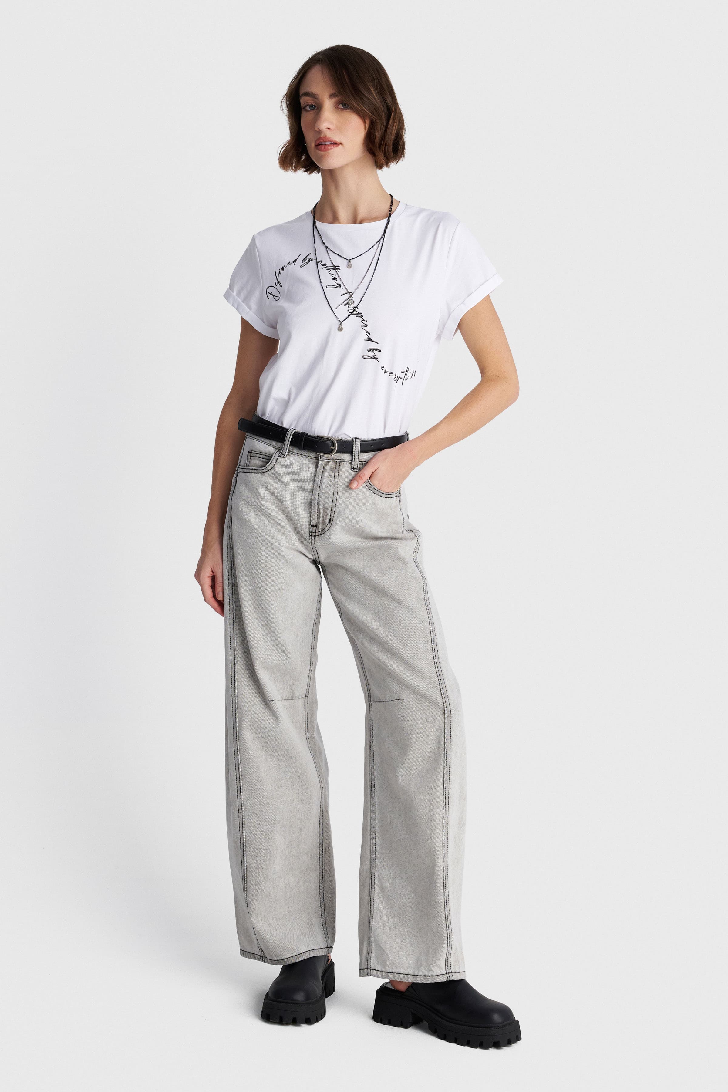 Τζιν wide leg με ζώνη - Γκρι