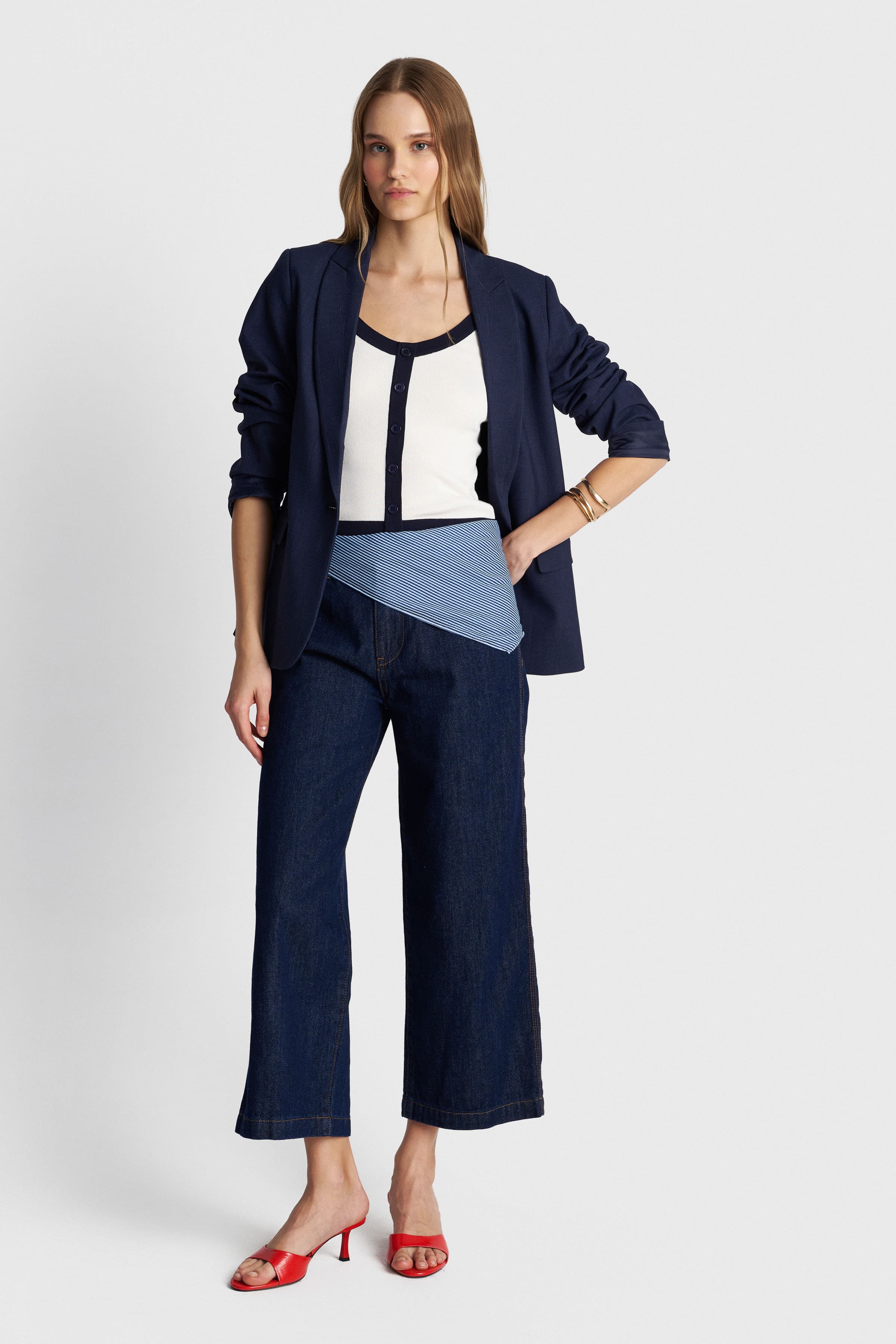 Παντελόνι τζιν cropped με φουλάρι - Μπλε