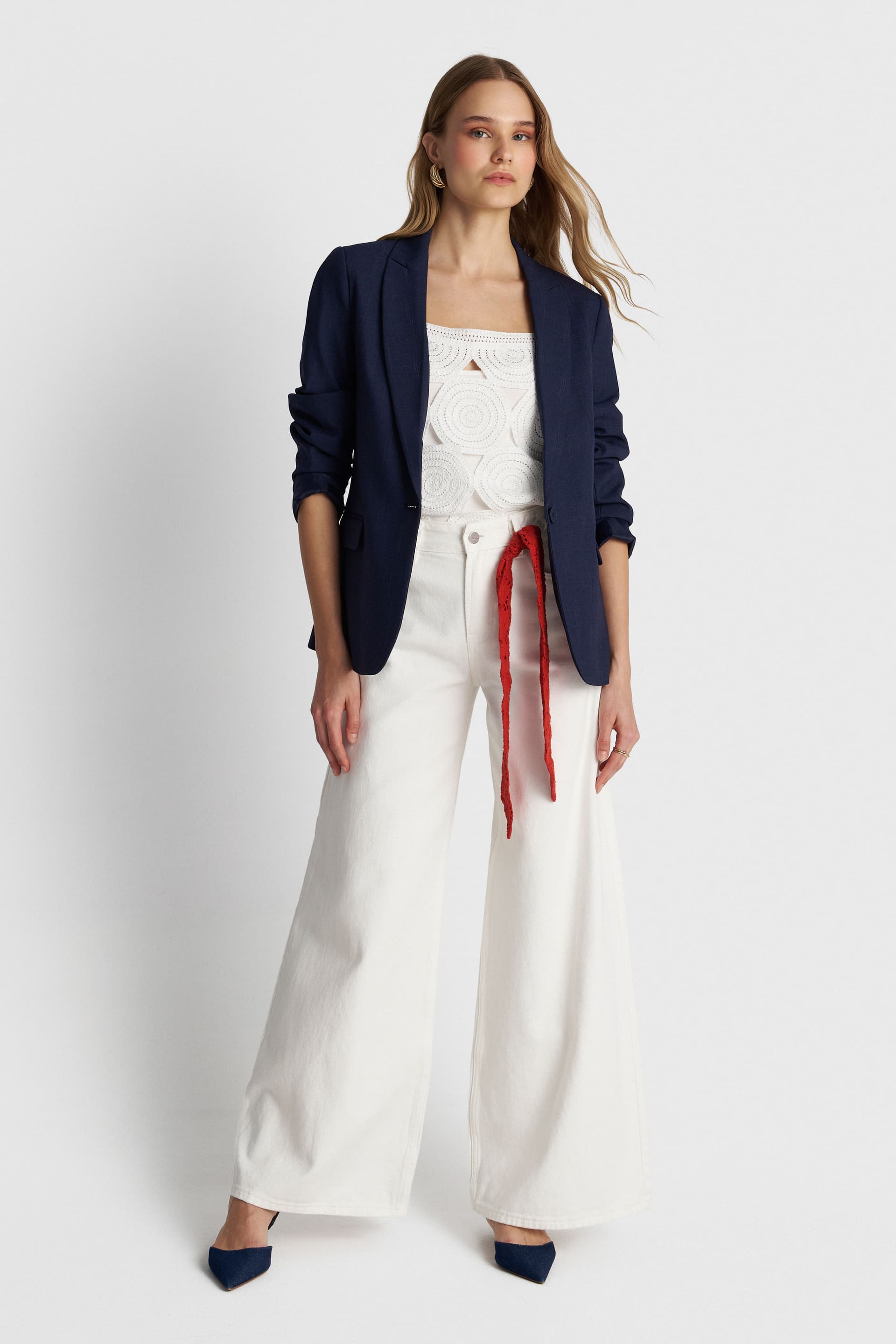 Παντελόνι τζιν wide leg με πλεξούδα - Λευκό