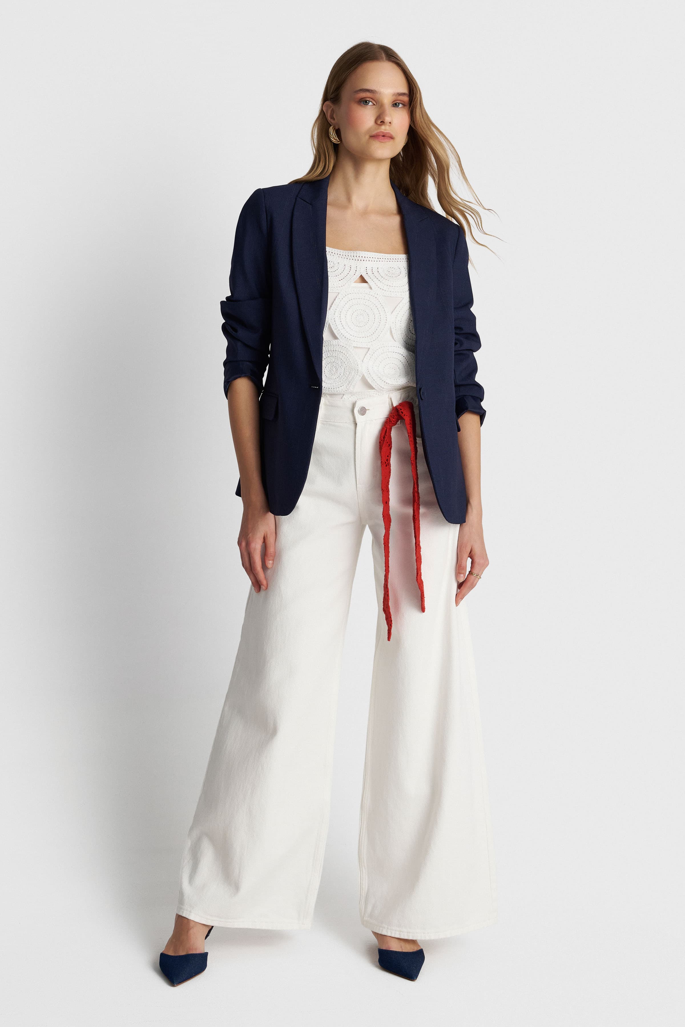 Παντελόνι τζιν wide leg με πλεξούδα - Λευκό