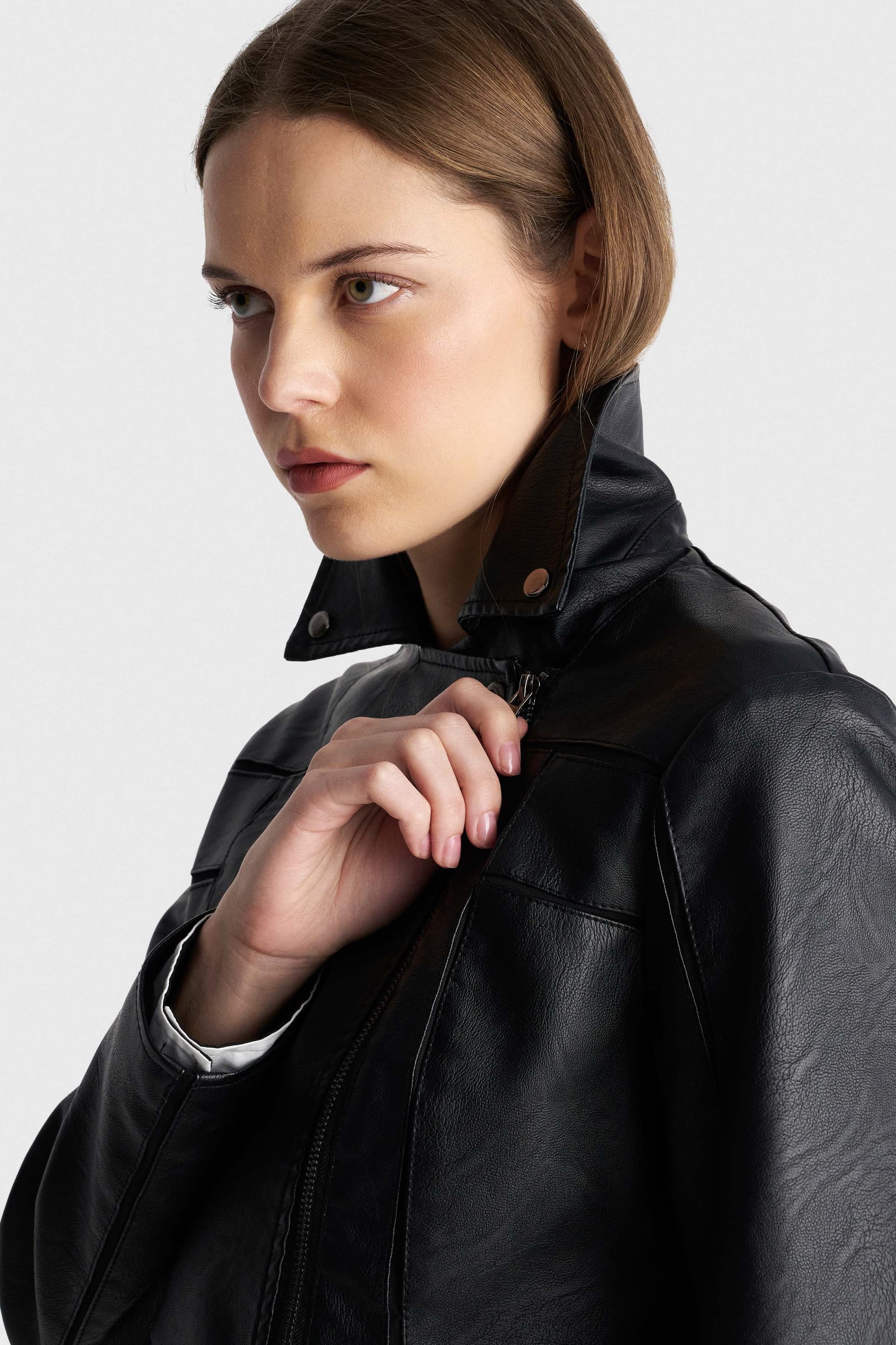 Μπουφάν δερματίνη biker - Μαύρο