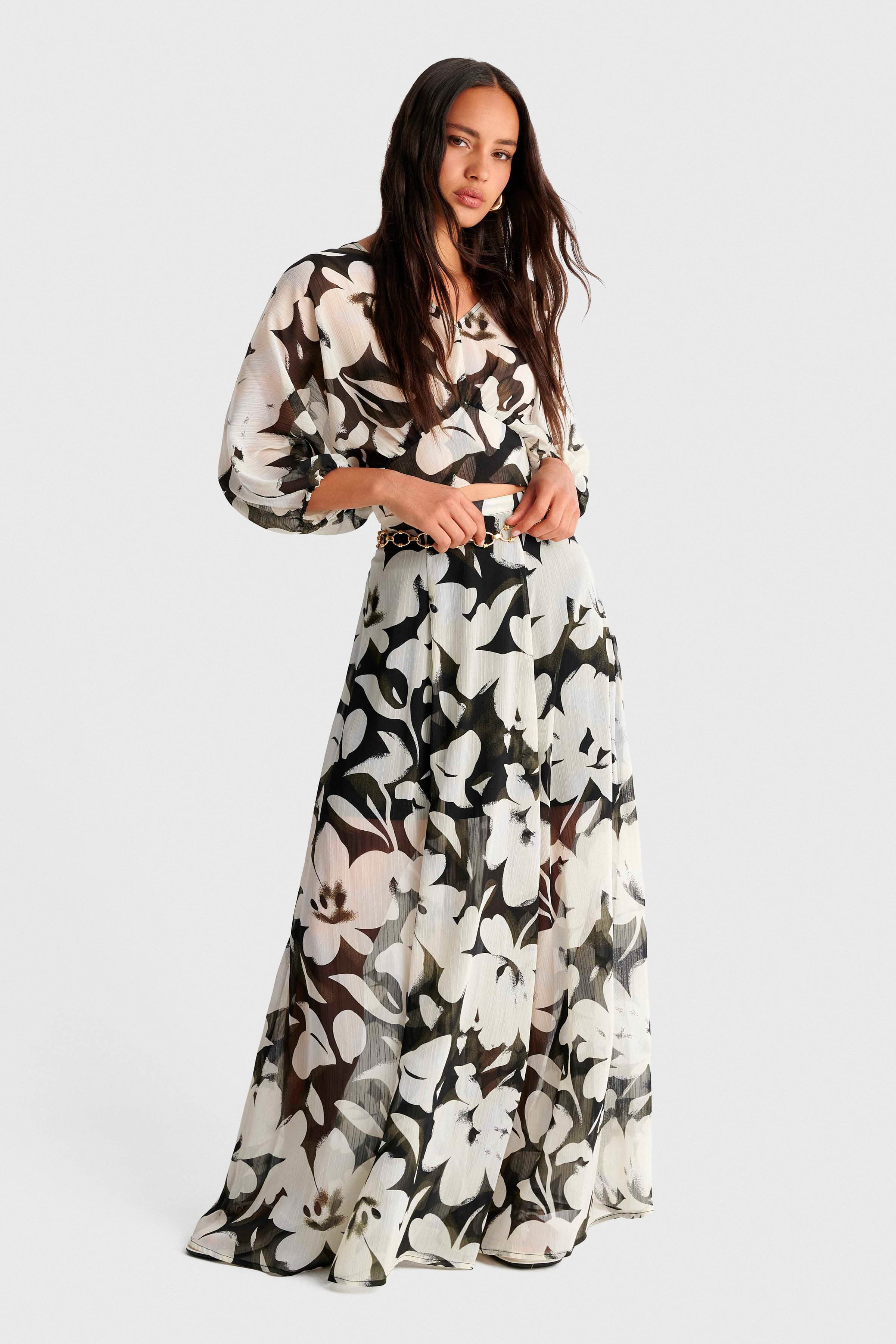 Φούστα μάξι φλοράλ με διαφάνεια - Πολύχρωμο