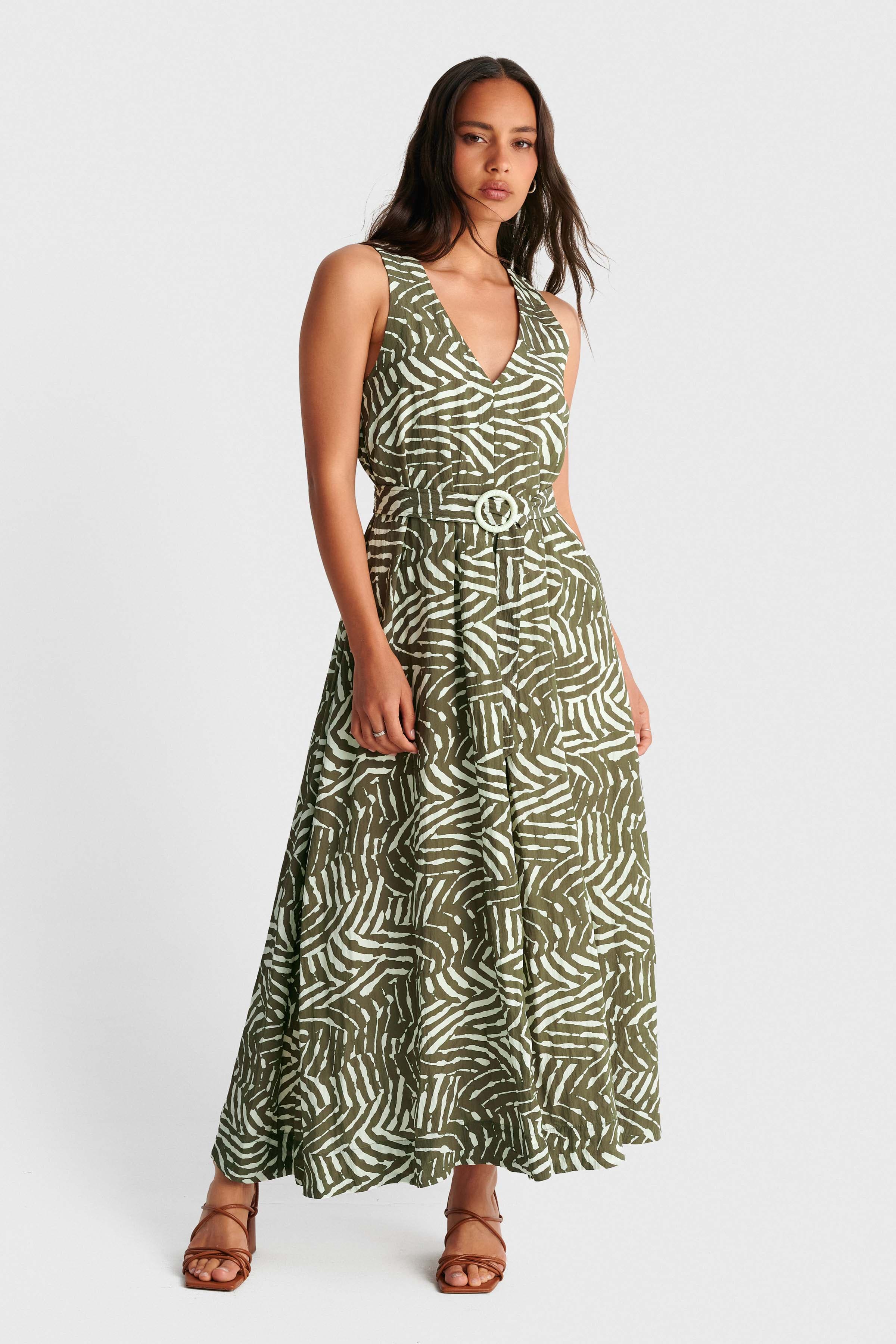 Φόρεμα μάξι εμπριμέ με ζώνη - Χακί