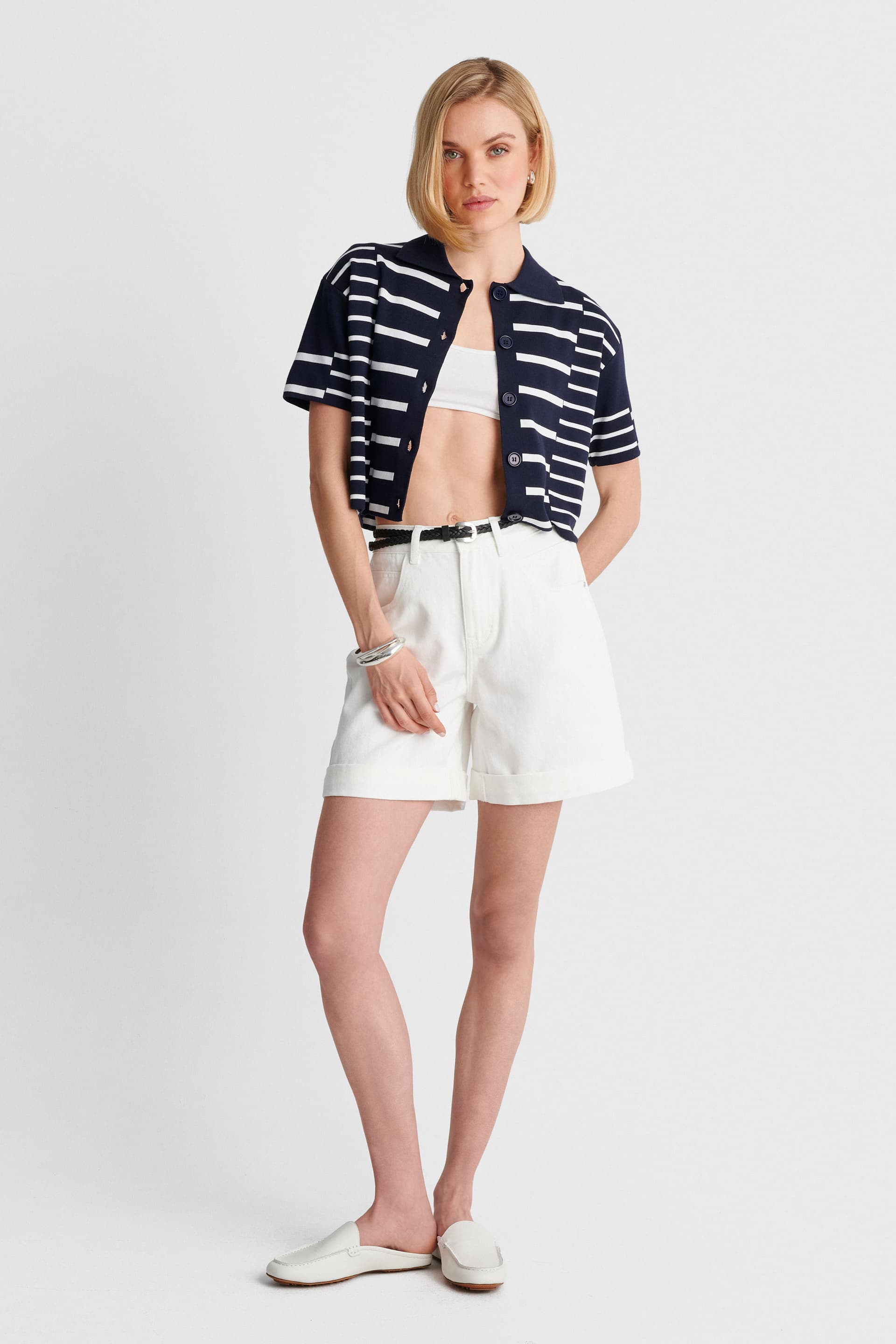 Zακέτα πλεκτή crop ριγέ - Μπλε