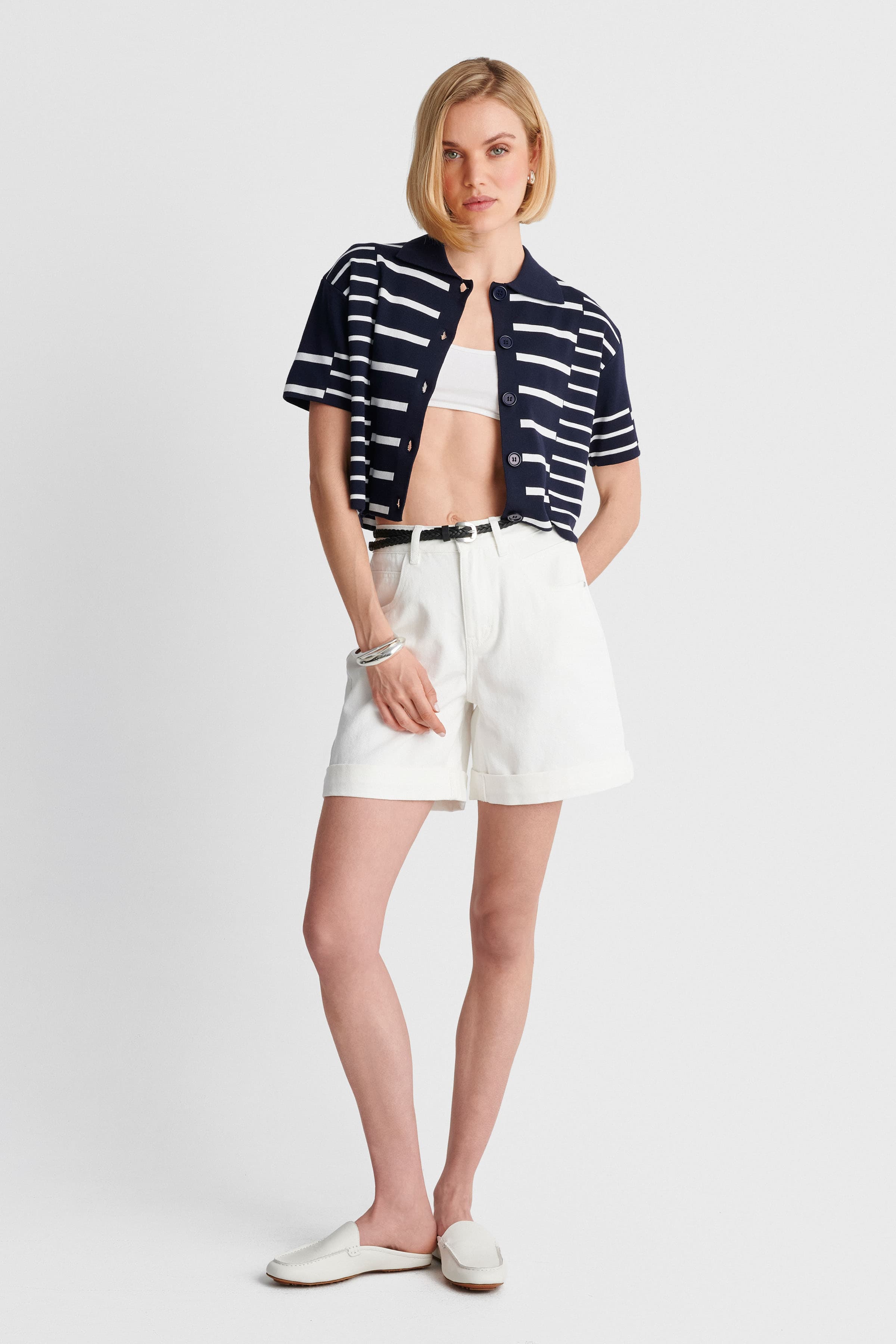 Zακέτα πλεκτή crop ριγέ - Μπλε