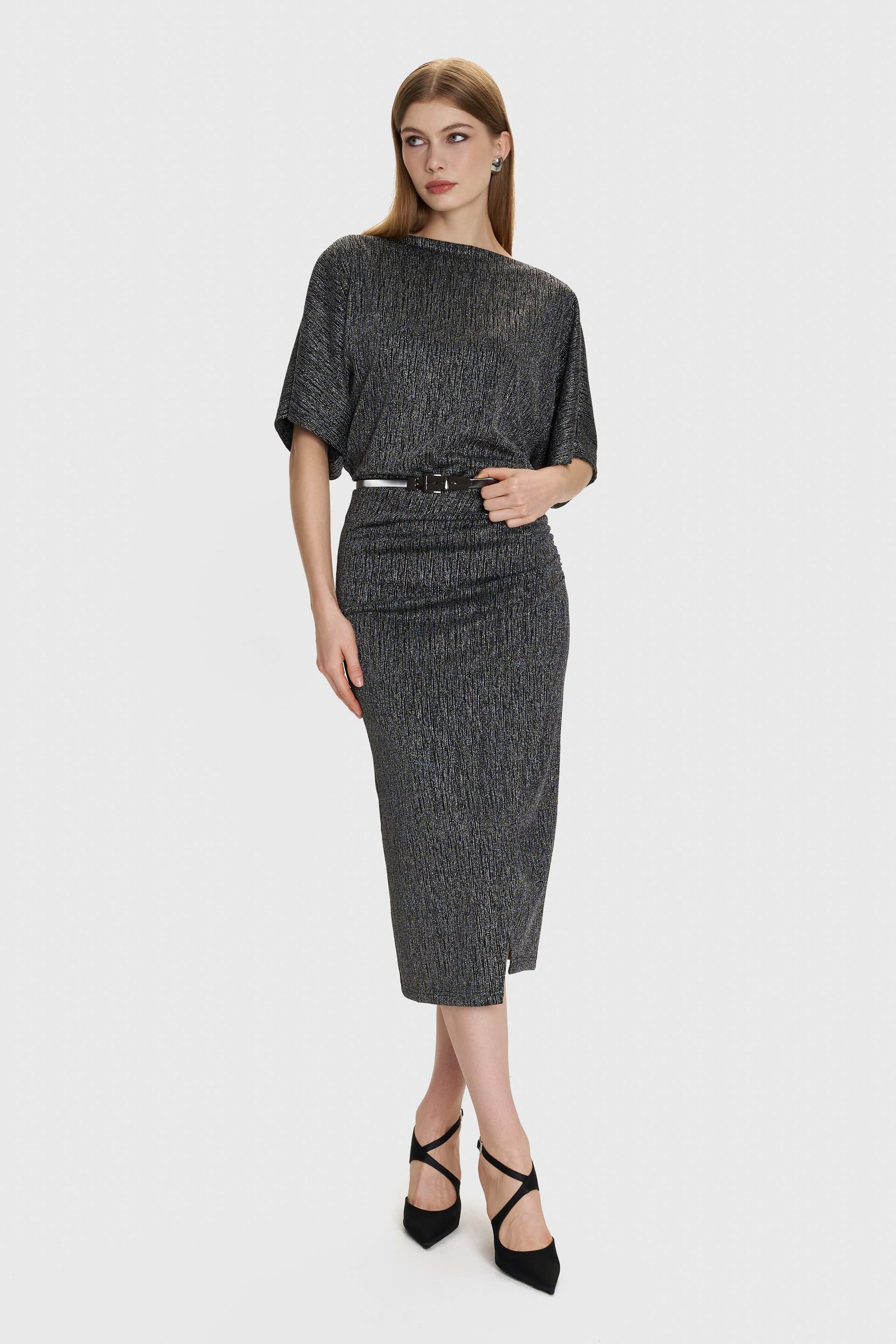 Φούστα μίντι lurex - Ασημί