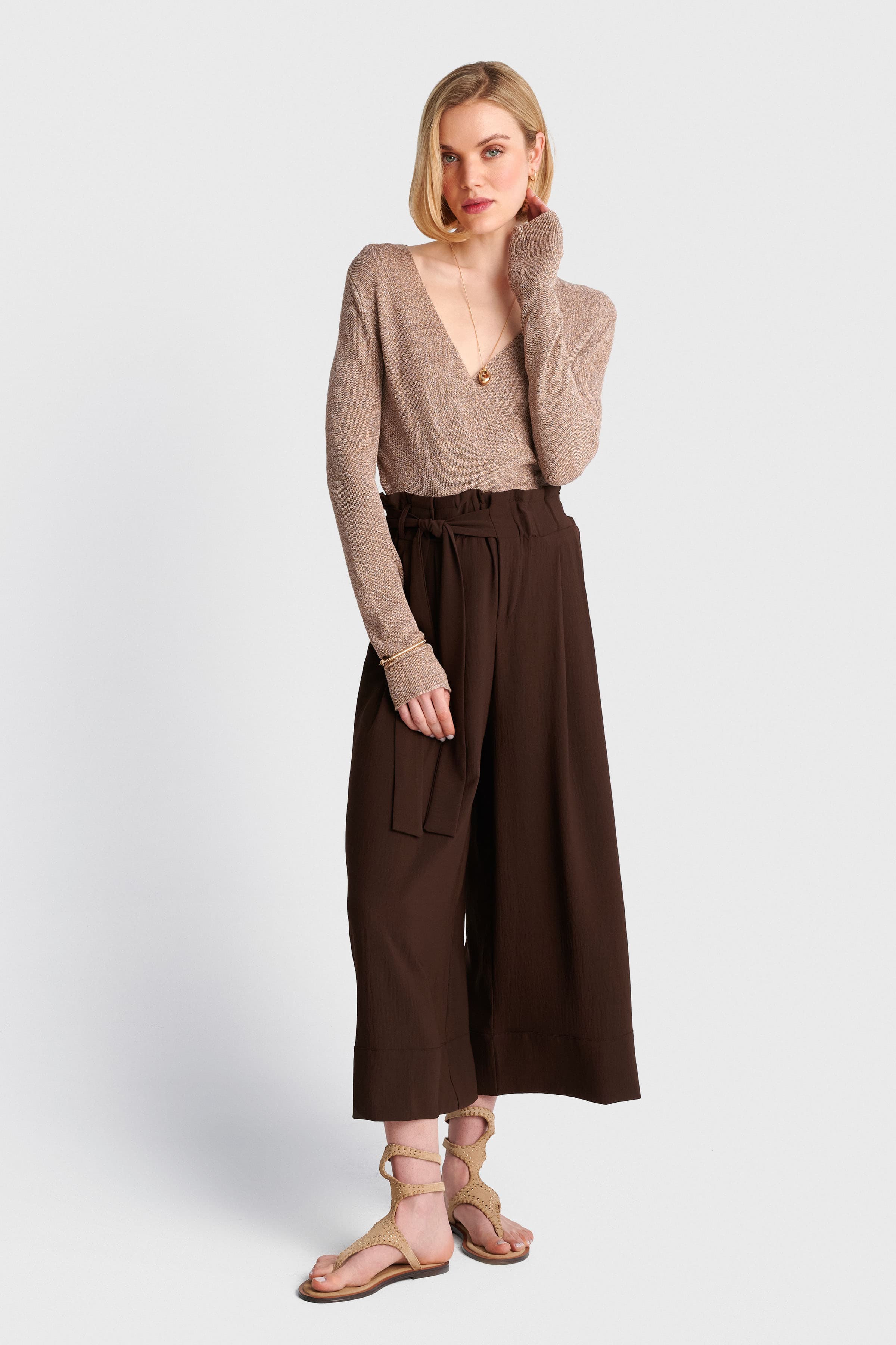 Zιπ κιλότ με λάστιχο και ζώνη - Καφέ