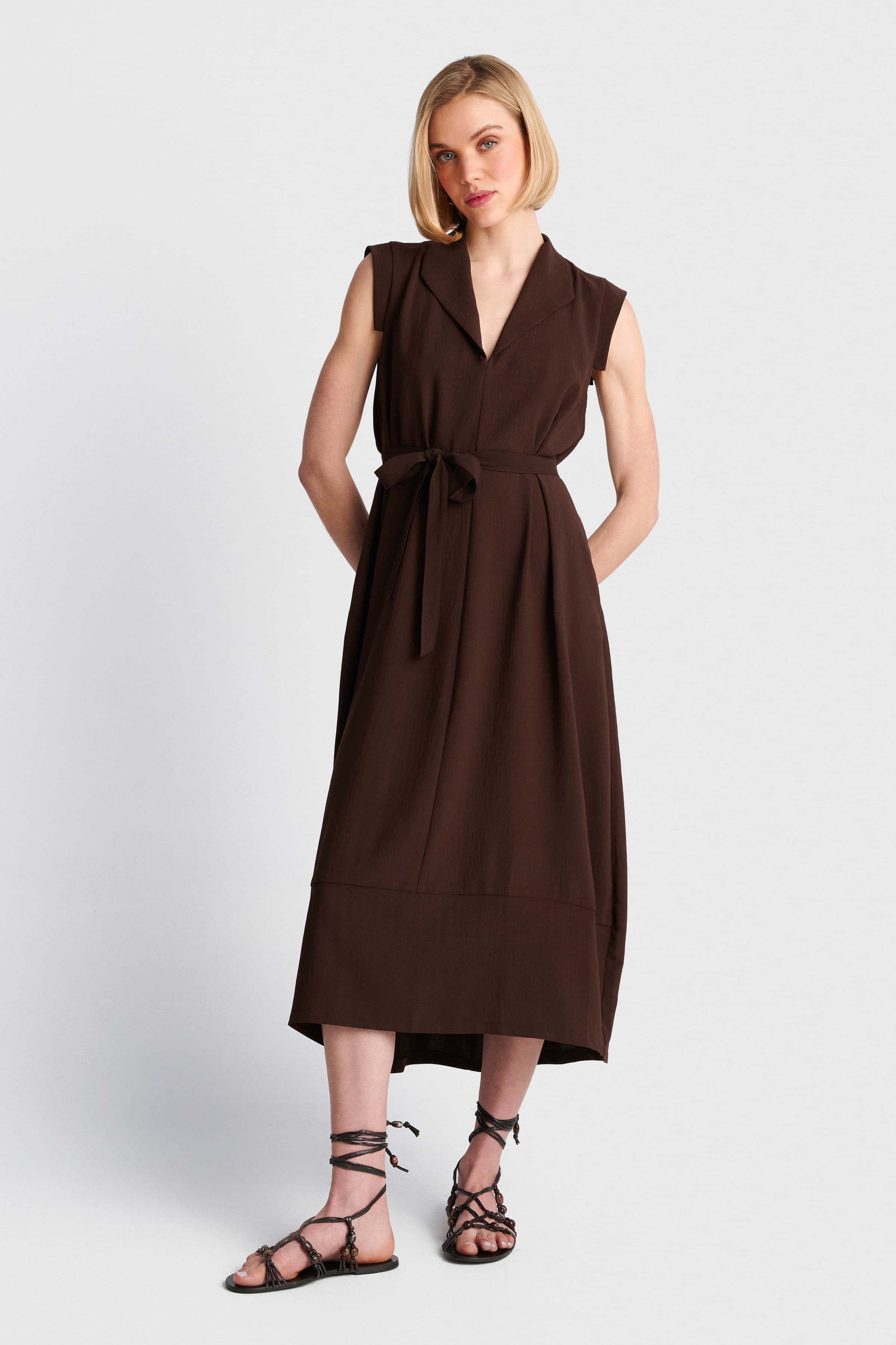 Φόρεμα μίντι ballon με ζώνη - Καφέ