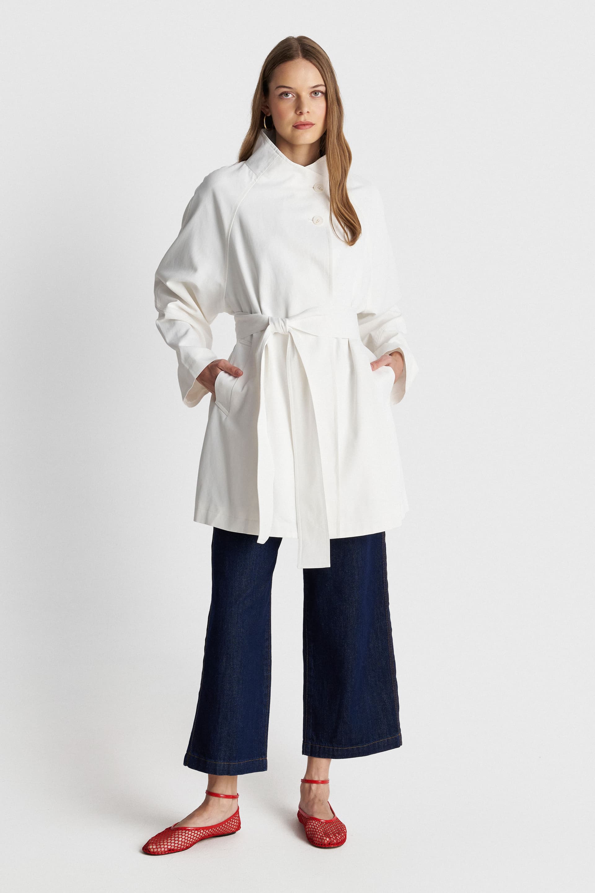 Καπαρντίνα μακριά με τσέπες - Λευκό
