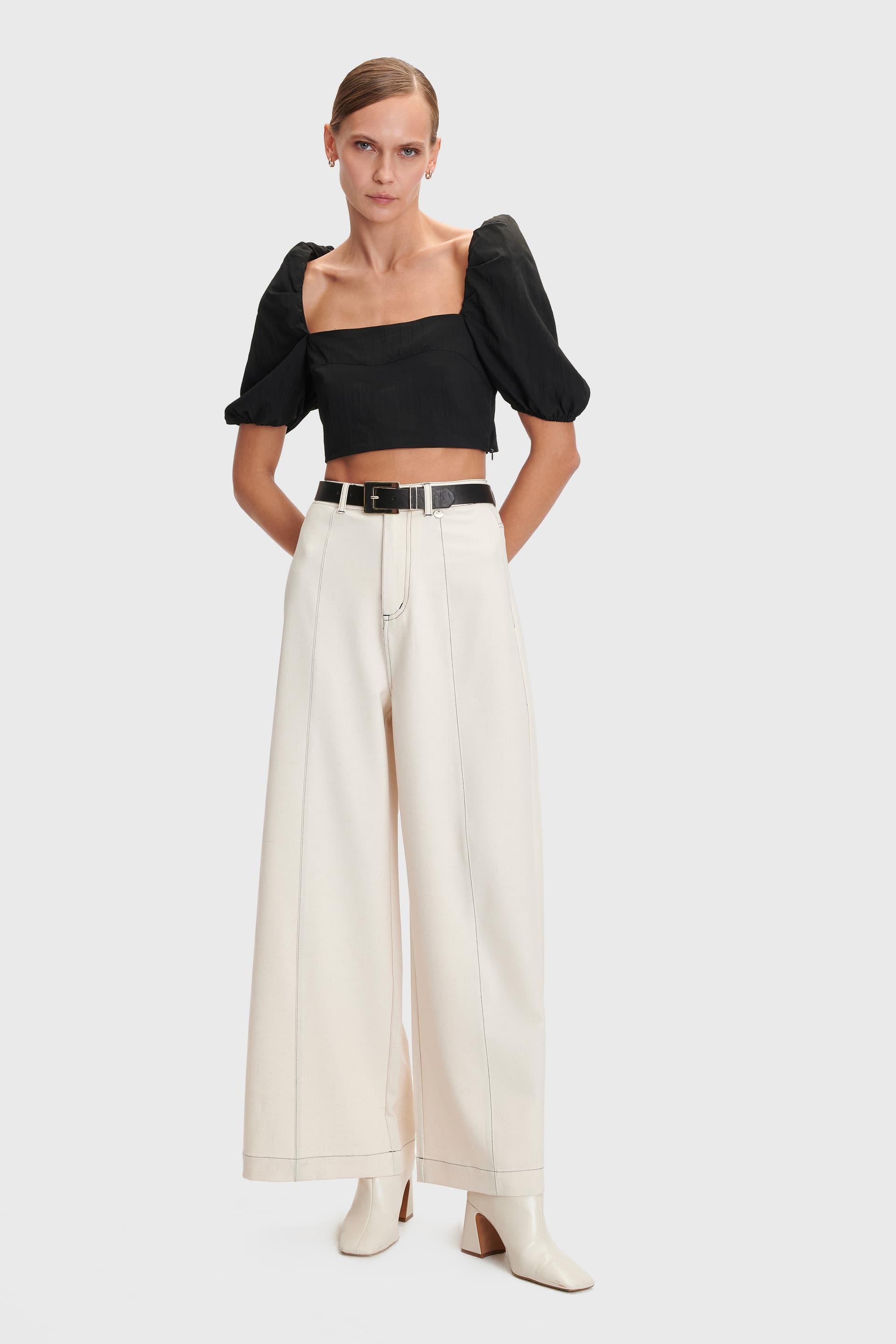 Παντελόνι με αντιθετικά γαζιά - Εκρού