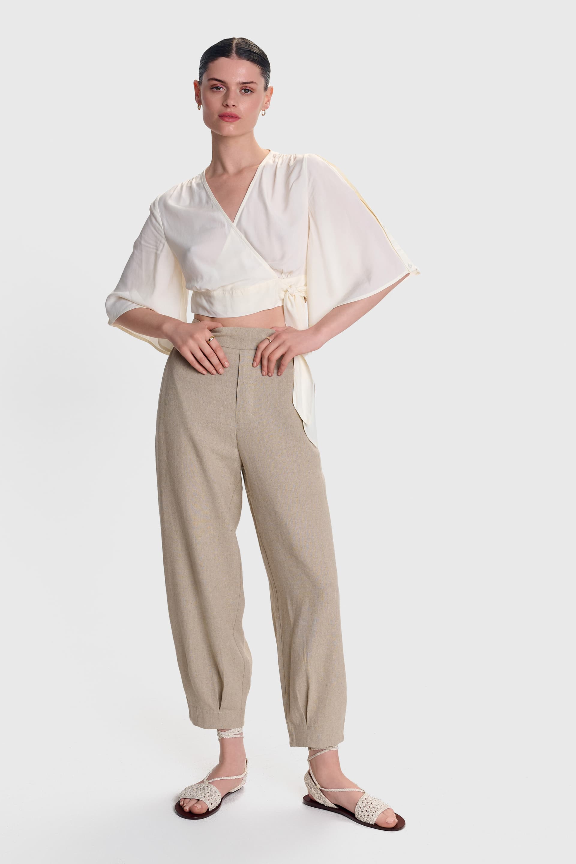 Παντελόνι λινό με ελαστική μέση - SAND
