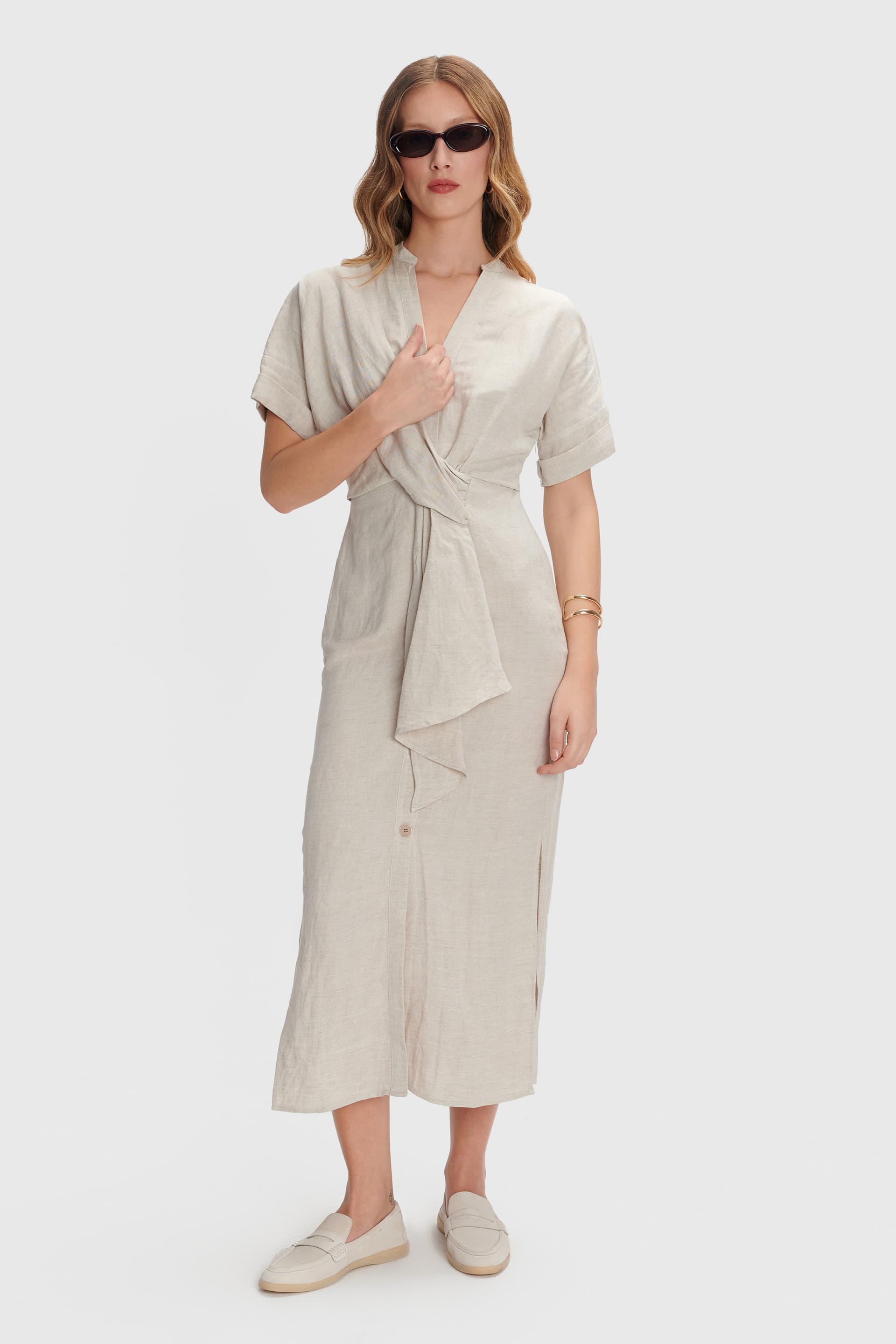 Φόρεμα λινό ασύμμετρο - NATURAL