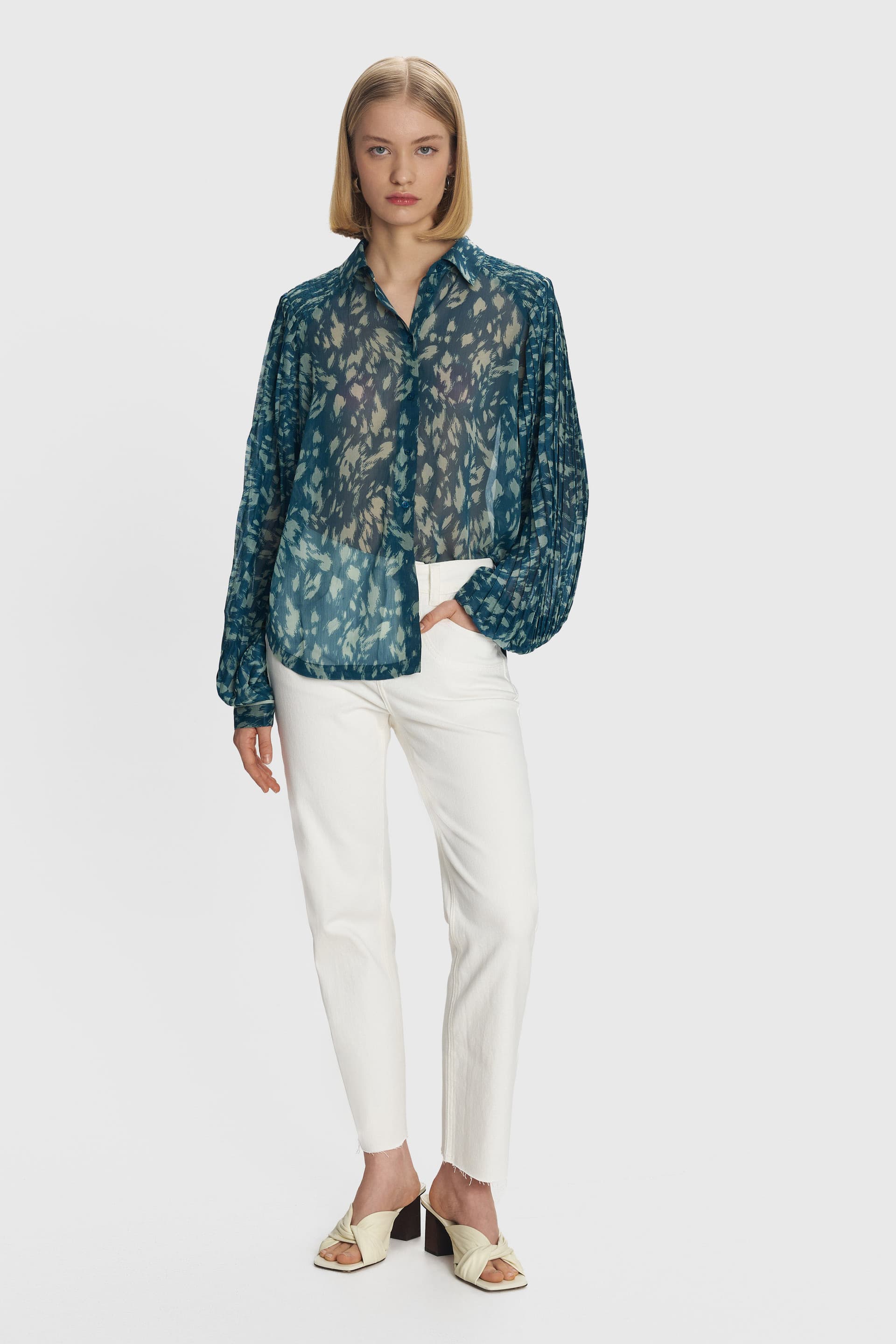 Πουκάμισο εμπριμέ με πλισέ μανίκια - PETROL