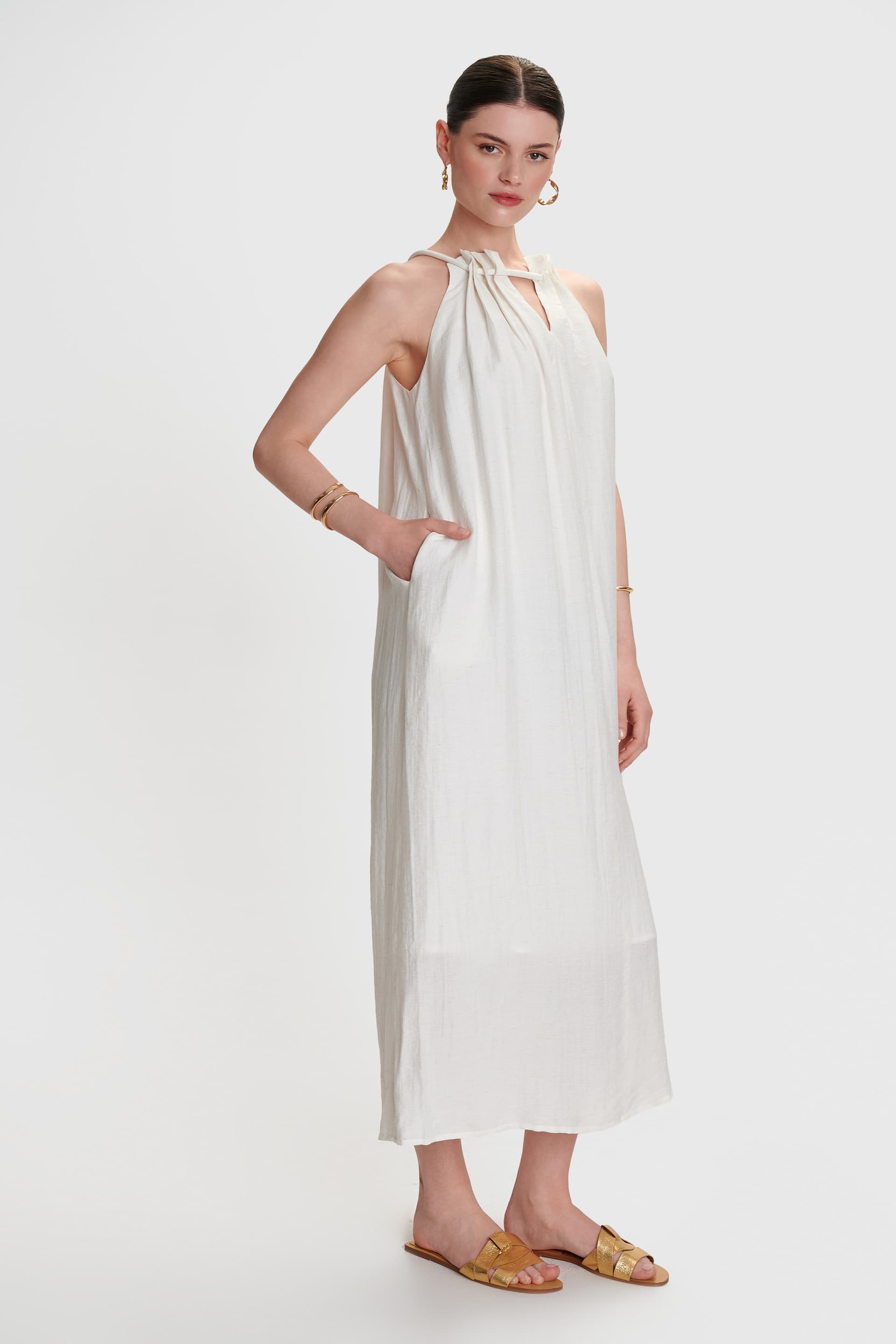 Φόρεμα μίντι με δέσιμο - Λευκό