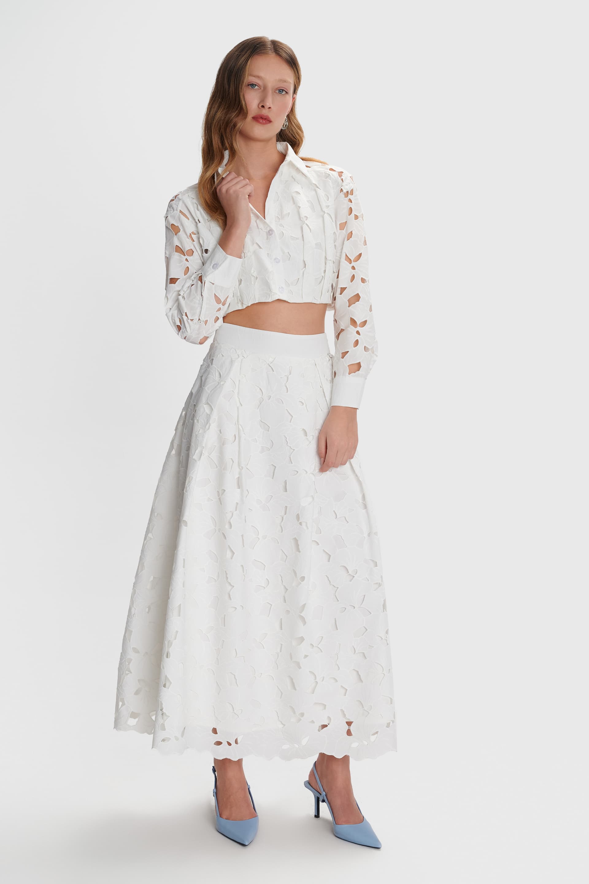 Φούστα μάξι με δαντέλα - Λευκό