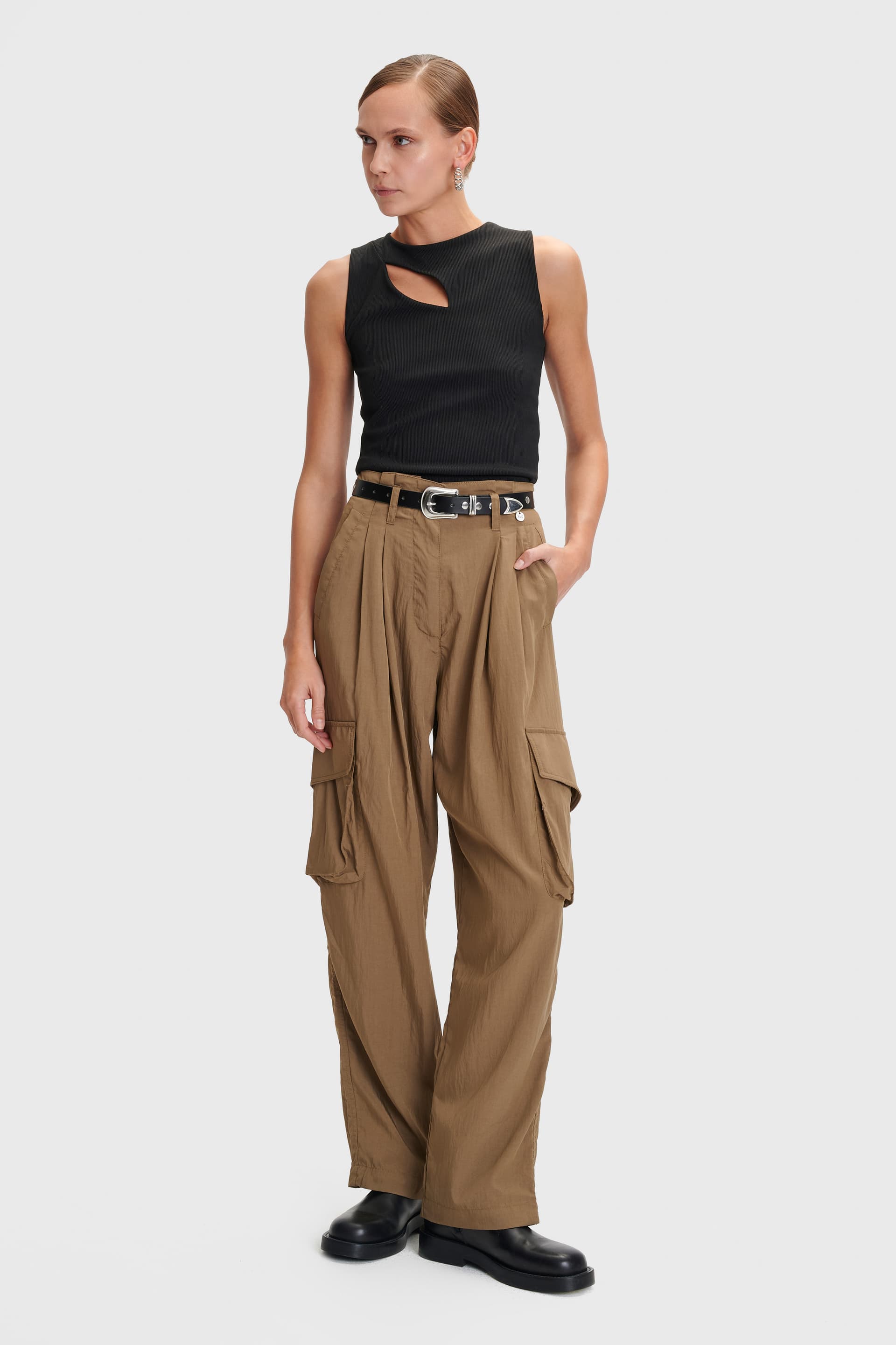 Παντελόνι cargo με paperbag μέση - Χακί