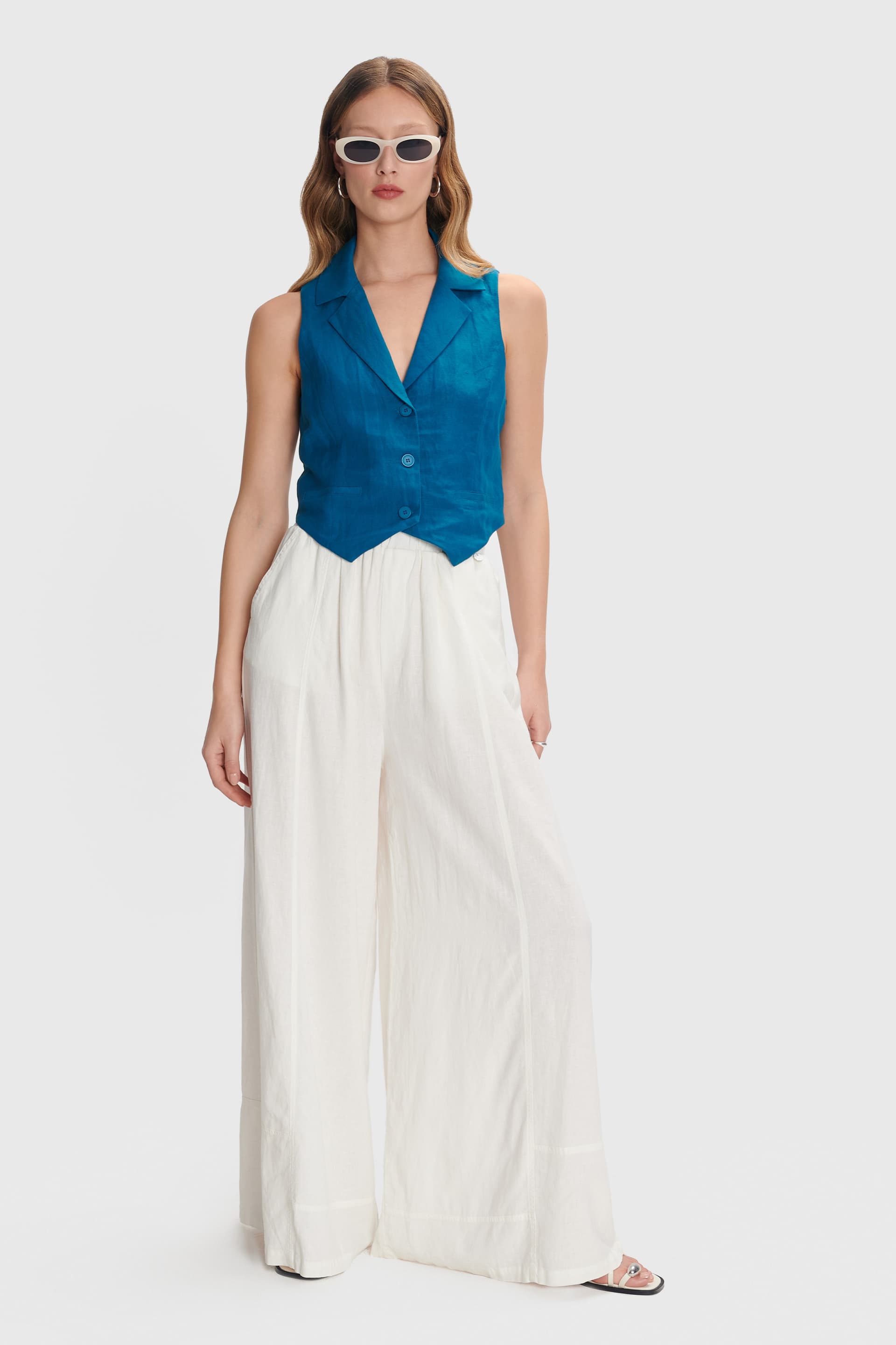 Παντελόνα λινή με ελαστική μέση  - Λευκό