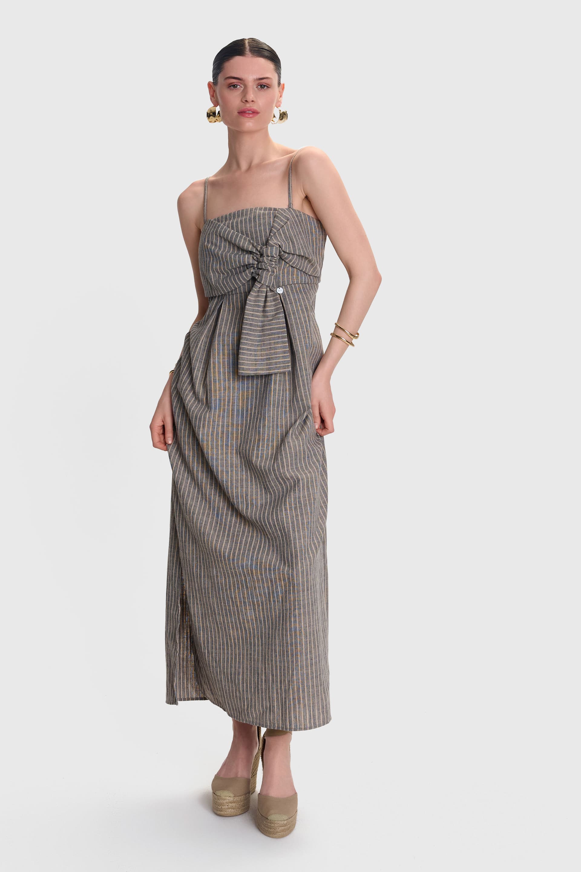 Φόρεμα λινό με φιόγκο - Γκρι