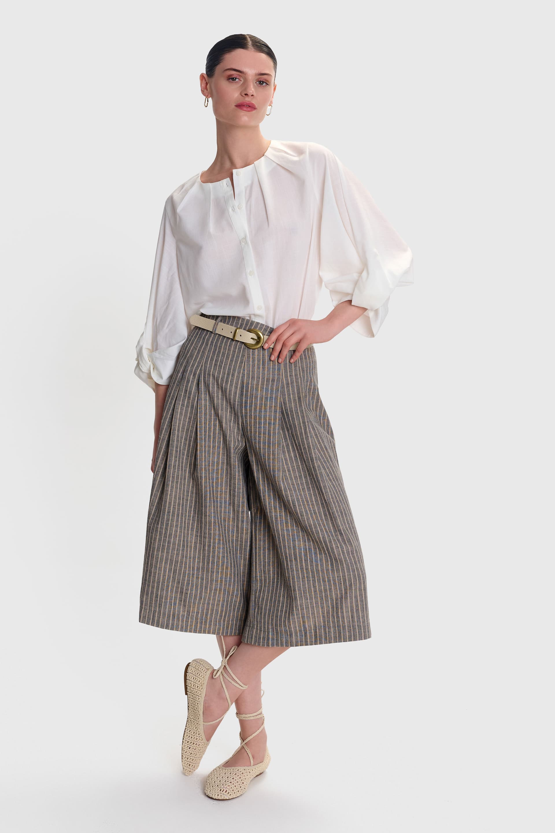 Βερμούδα λινή ριγέ - Γκρι