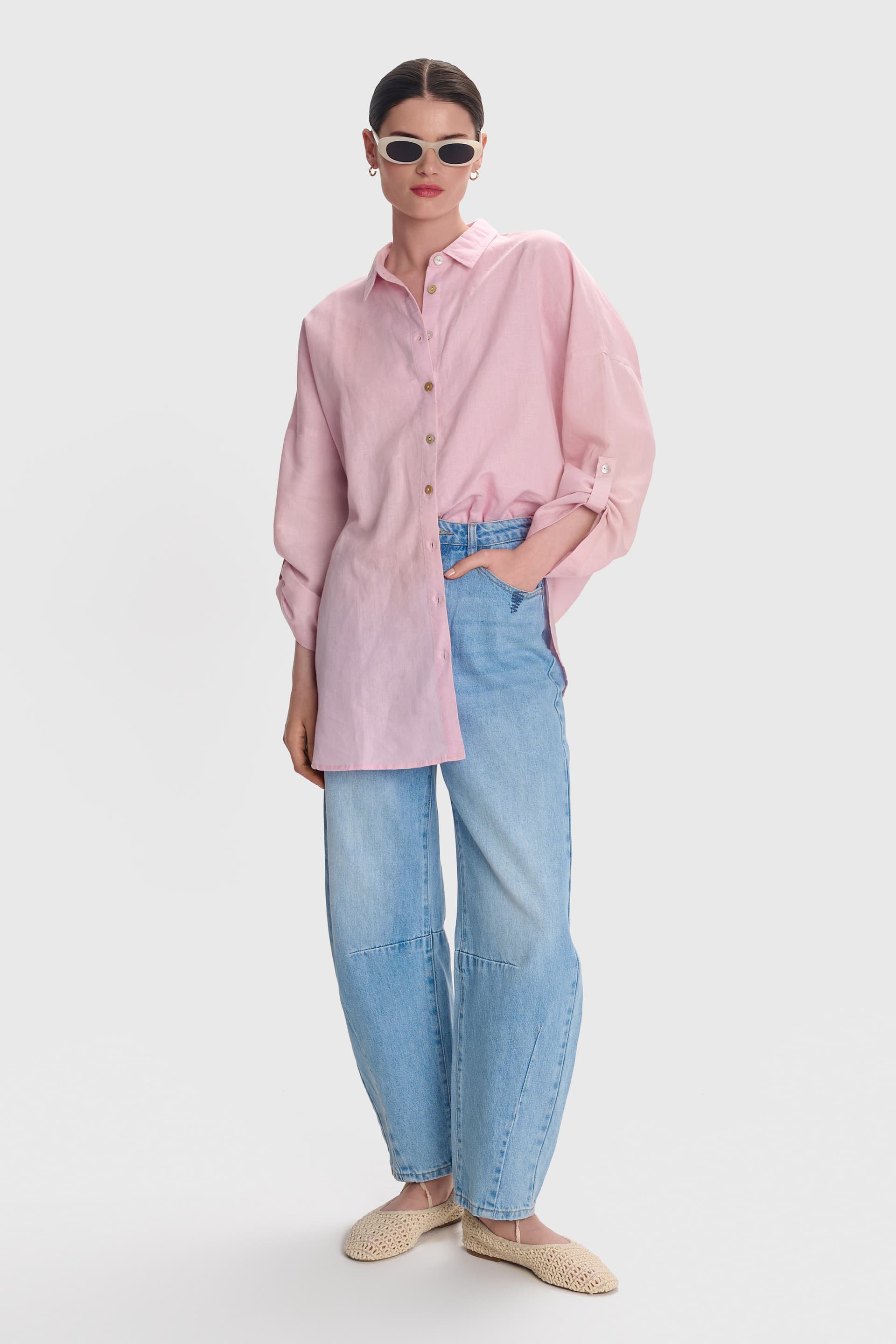 Πουκάμισο λινό μακρύ - Ροζ
