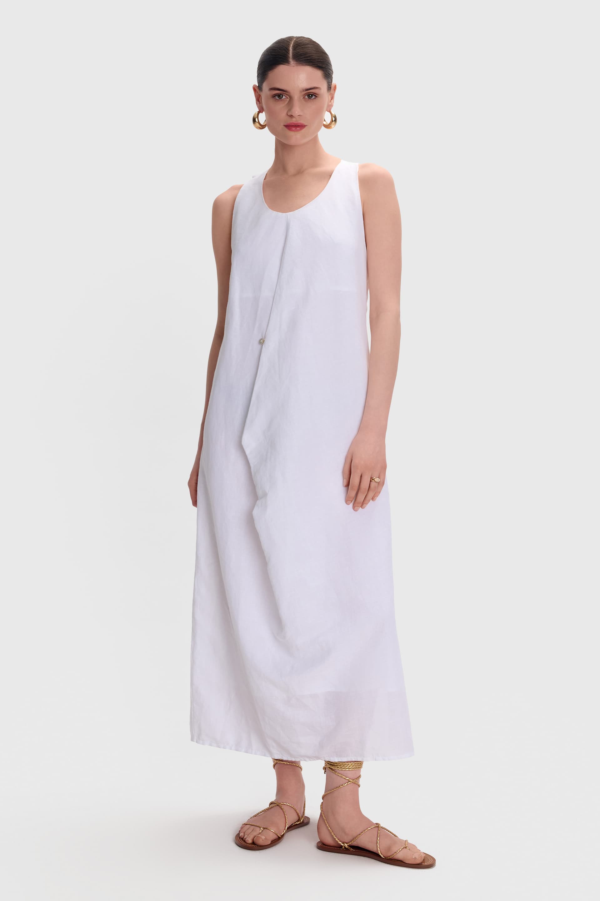 Φόρεμα μίντι λινό με σκίσιμο - Λευκό