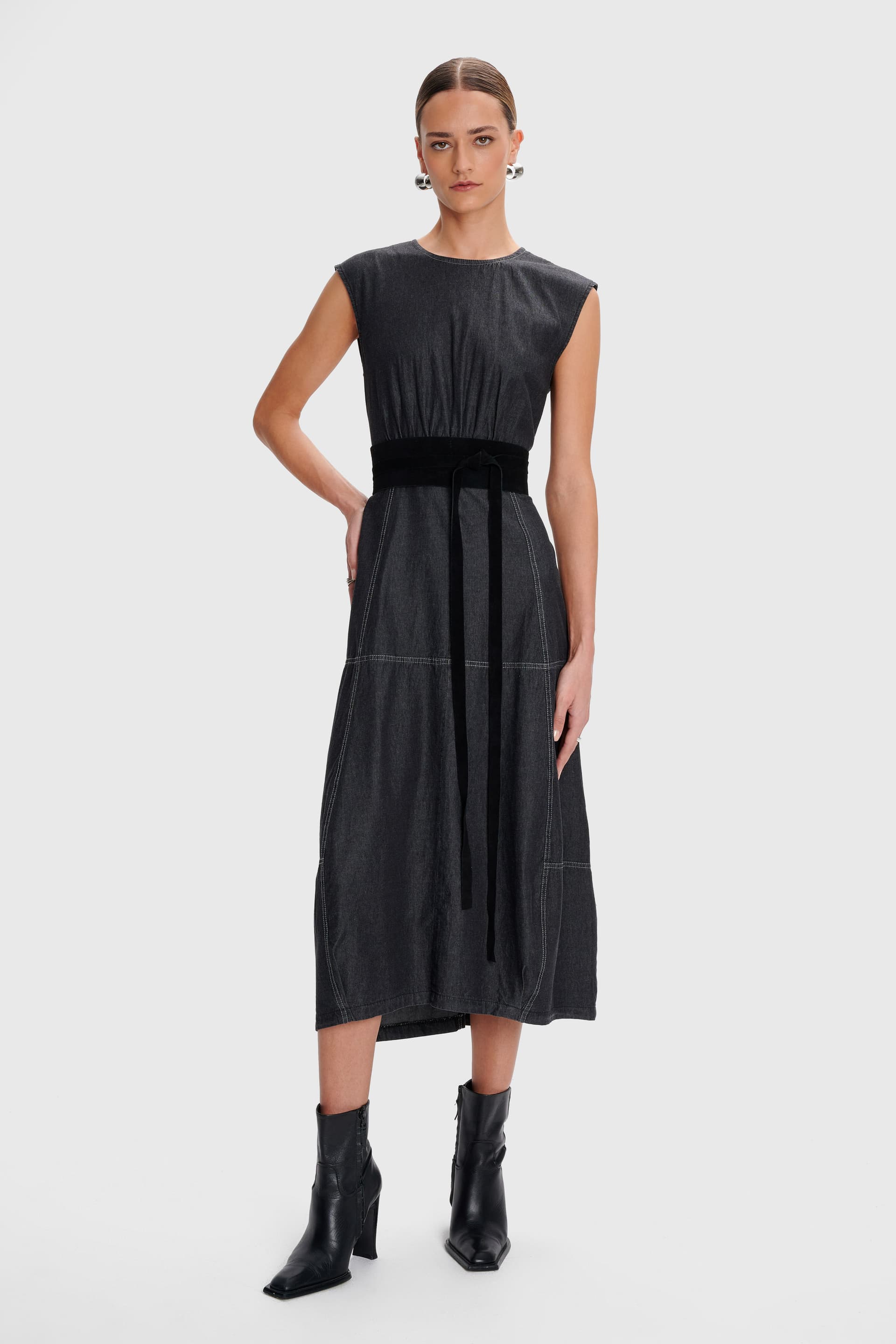 Φόρεμα μίντι μεσάτο denim όψη - Μαύρο