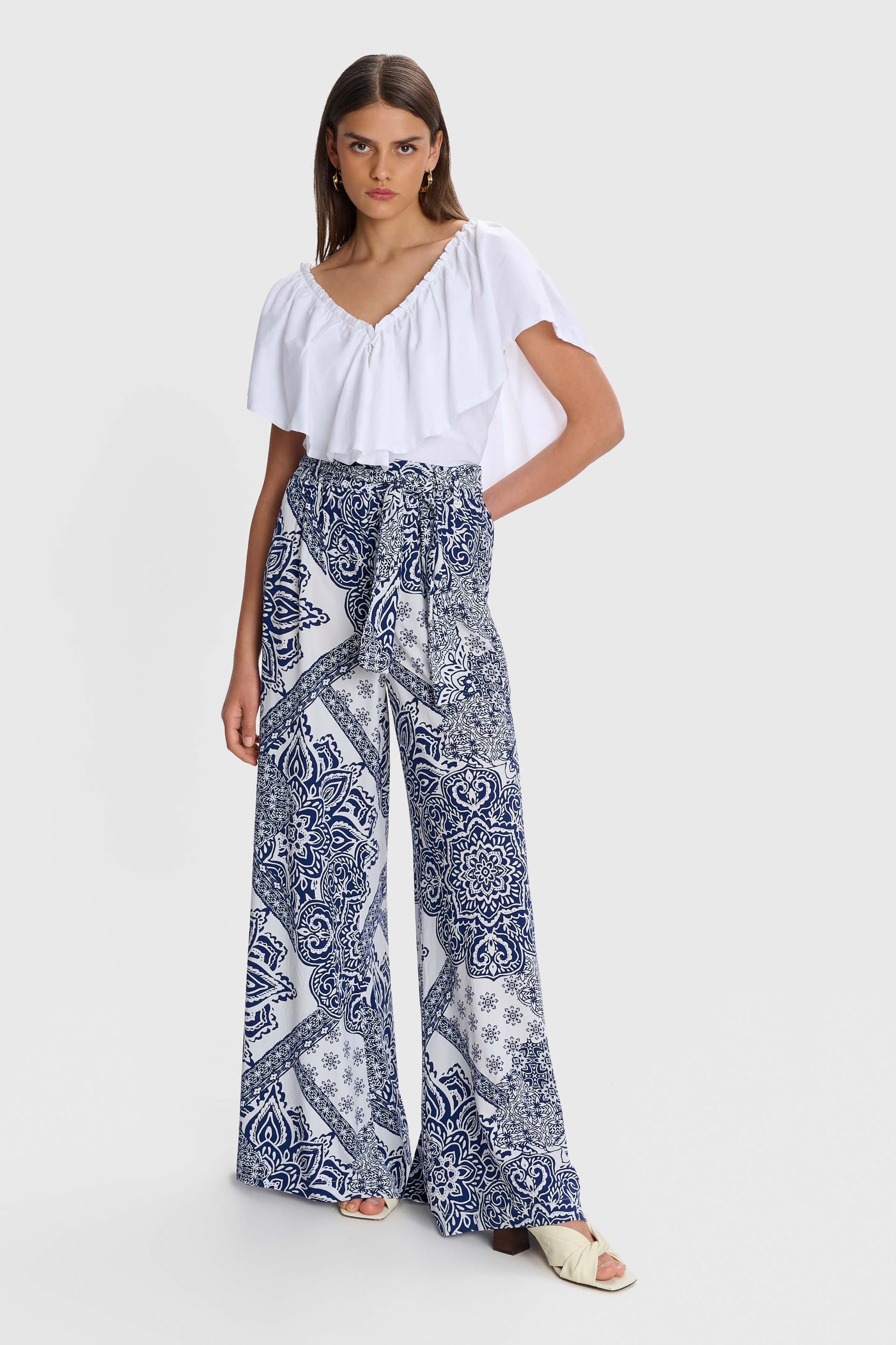 Παντελόνα εμπριμέ με ζώνη - Μπλε