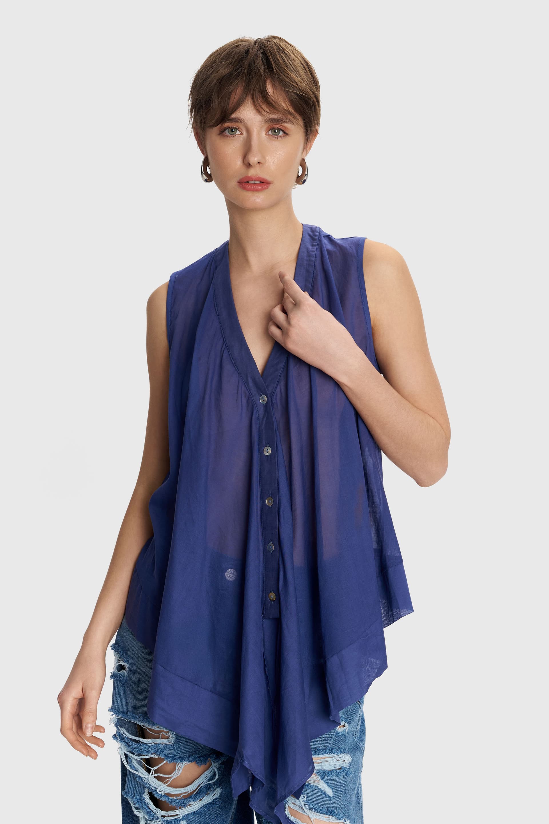 Πουκάμισο αμάνικο με ασυμμετρία - Μπλε
