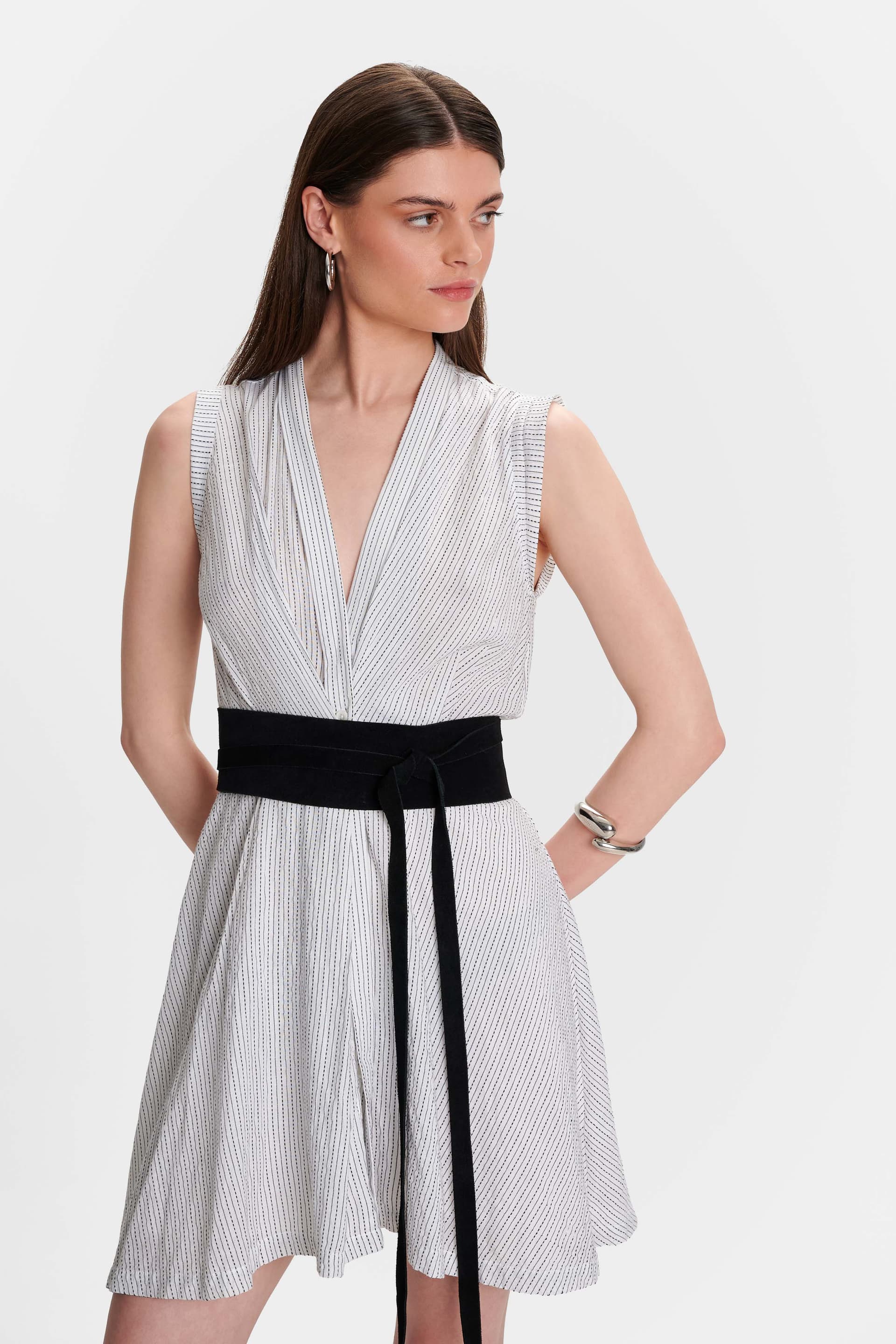 Φόρεμα ασύμμετρο ριγέ - Λευκό