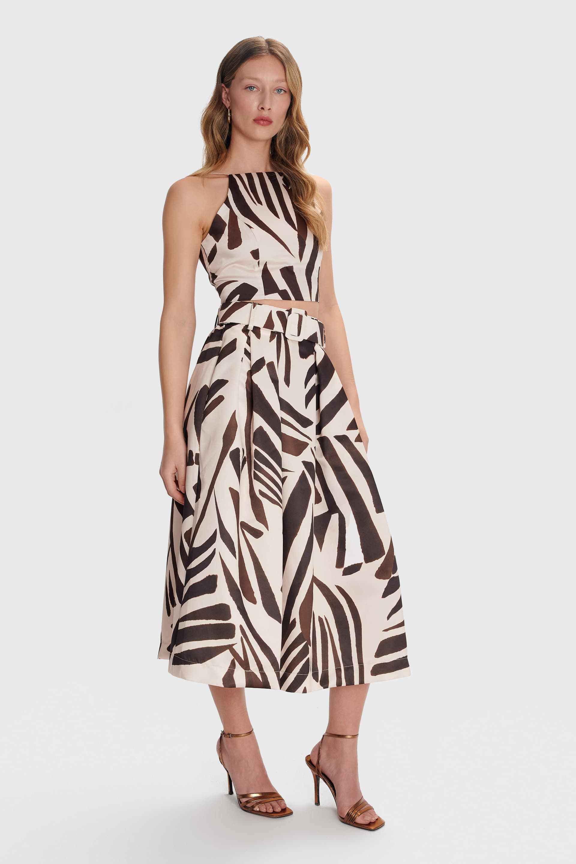 Φούστα μίντι εμπριμέ με ζώνη   - Πολύχρωμο