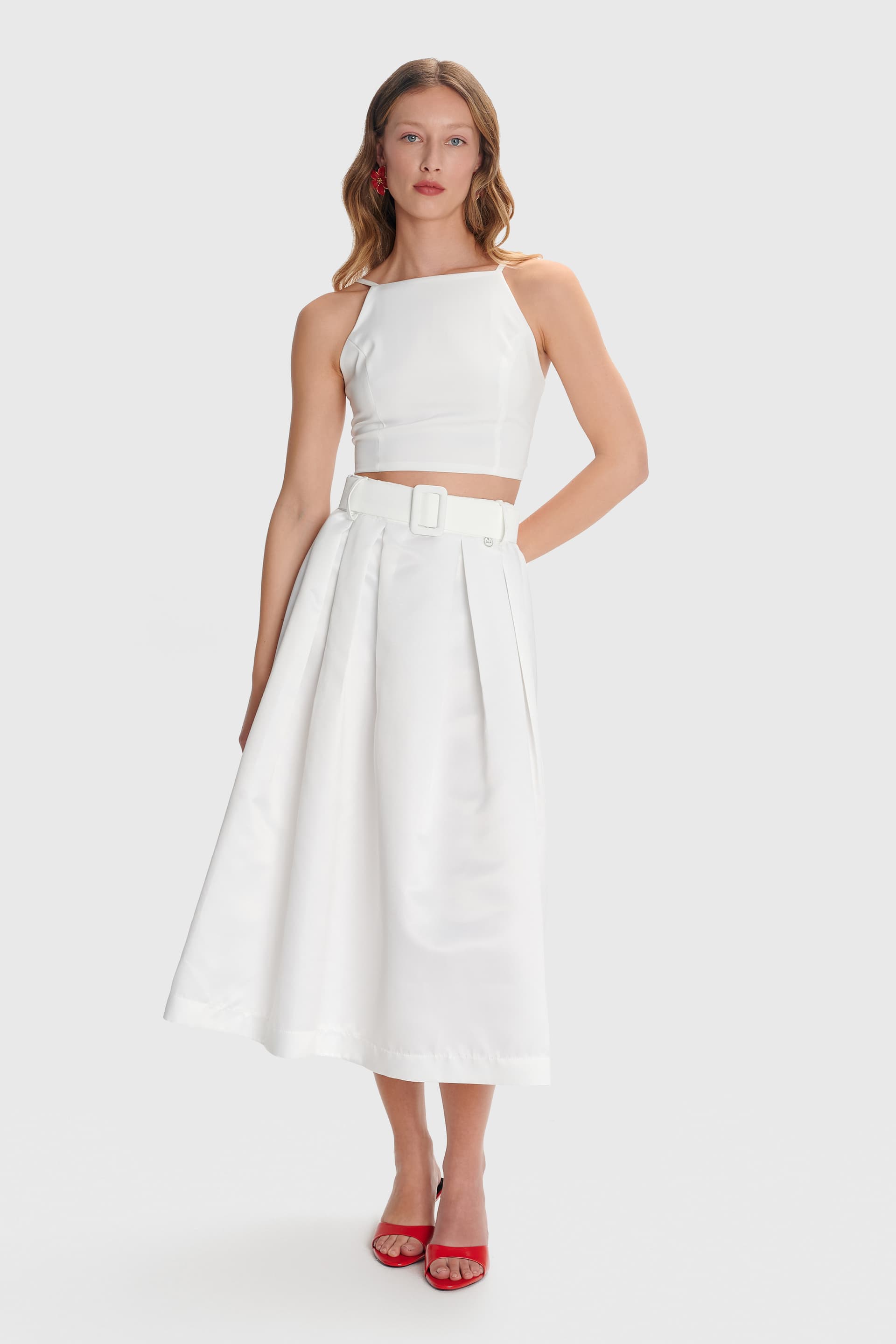Φούστα μίντι με ζώνη - Λευκό