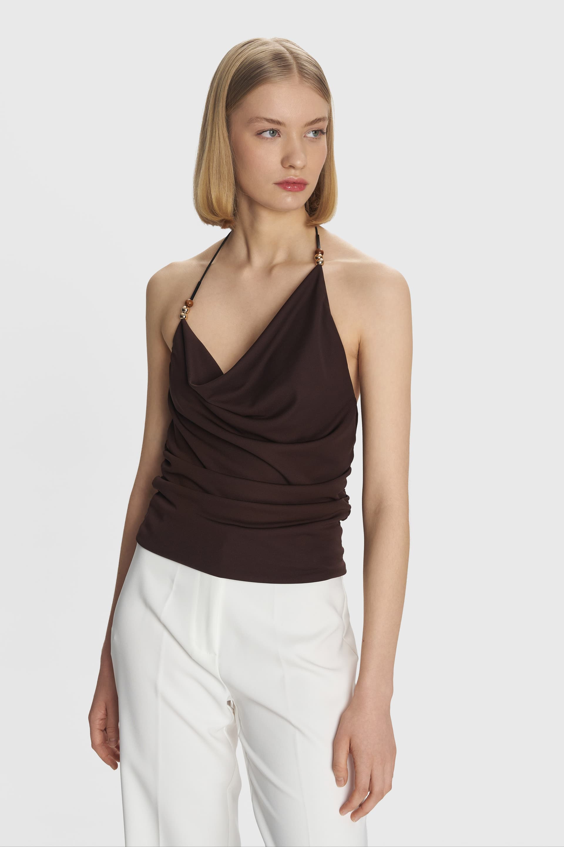 Μπλούζα ντραπέ με τιράντες - Καφέ