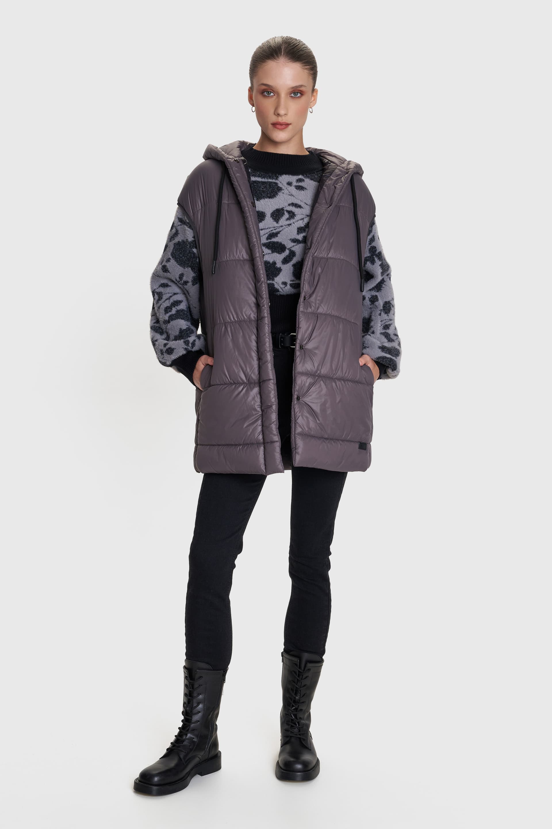 Μπουφάν αμάνικο με κουκούλα - Γκρι