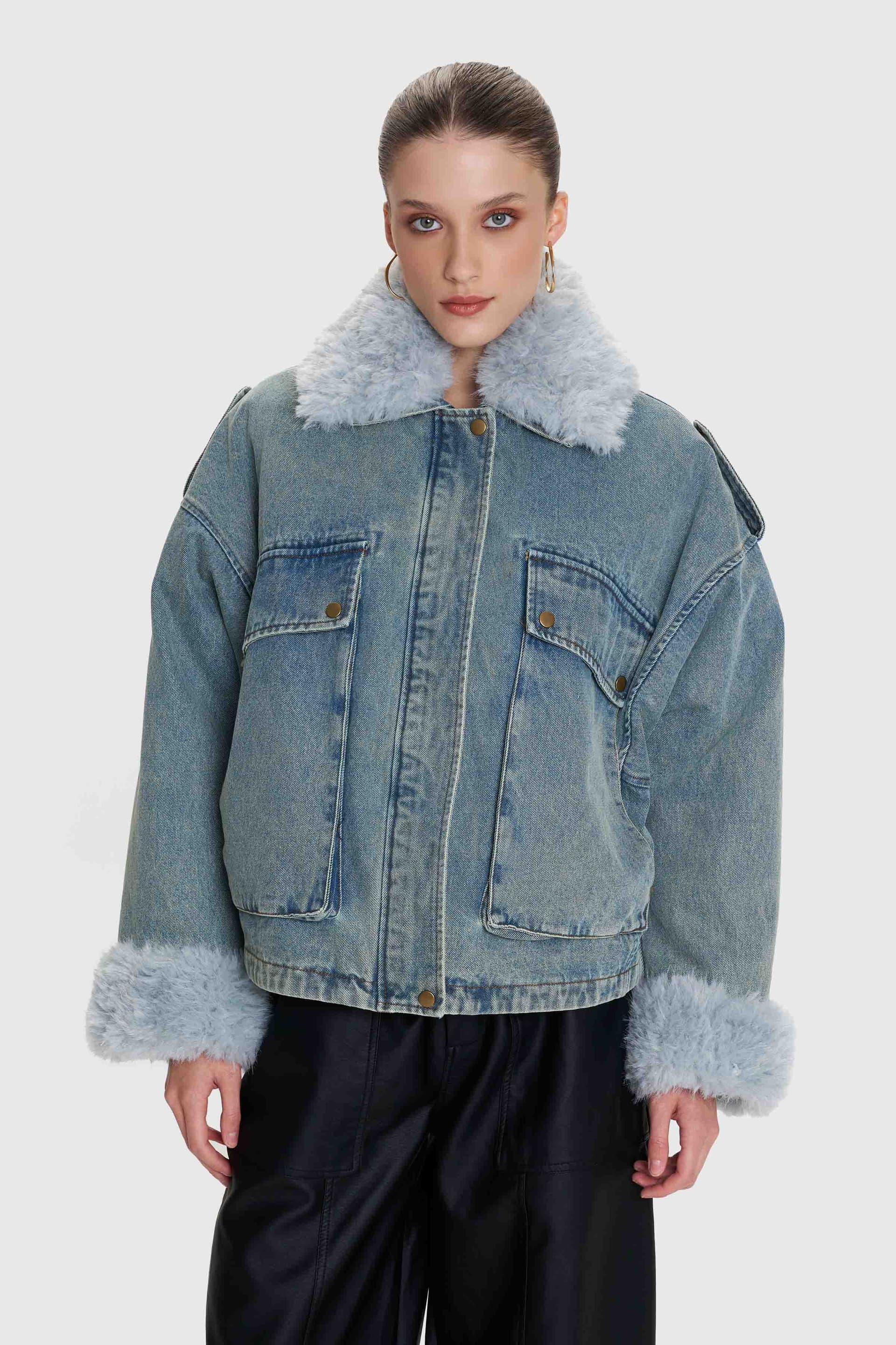 Μπουφάν τζιν με αποσπώμενες γούνινες λεπτομέρειες - USED