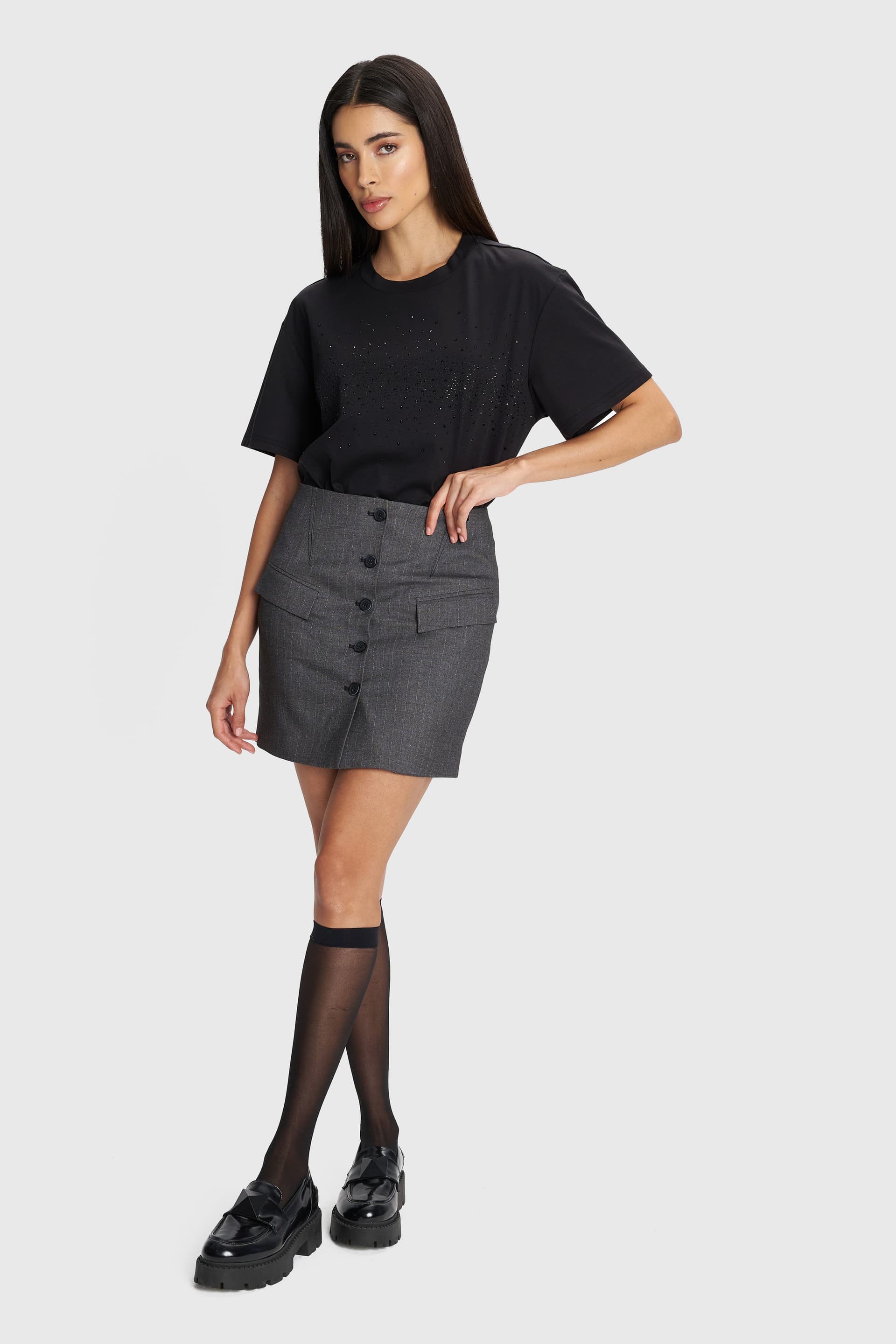 Φούστα μίνι ριγέ - Γκρι