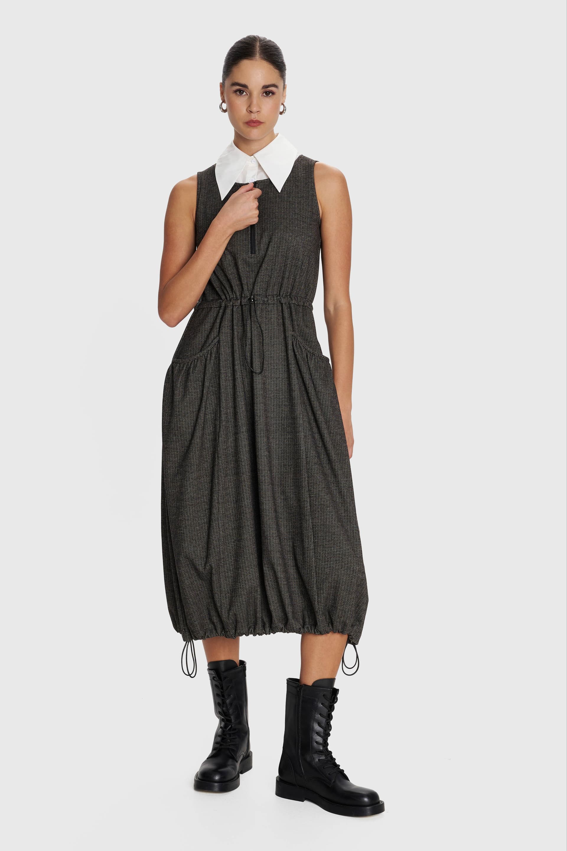 Σετ φόρεμα μίντι με γιακά - Καφέ