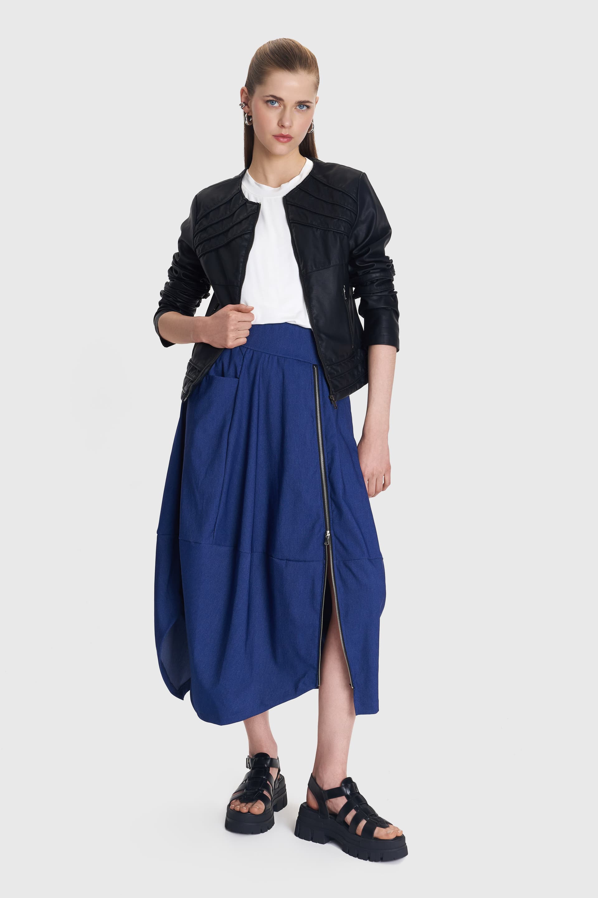 Φούστα μίντι με φερμουάρ denim όψη - Μπλε