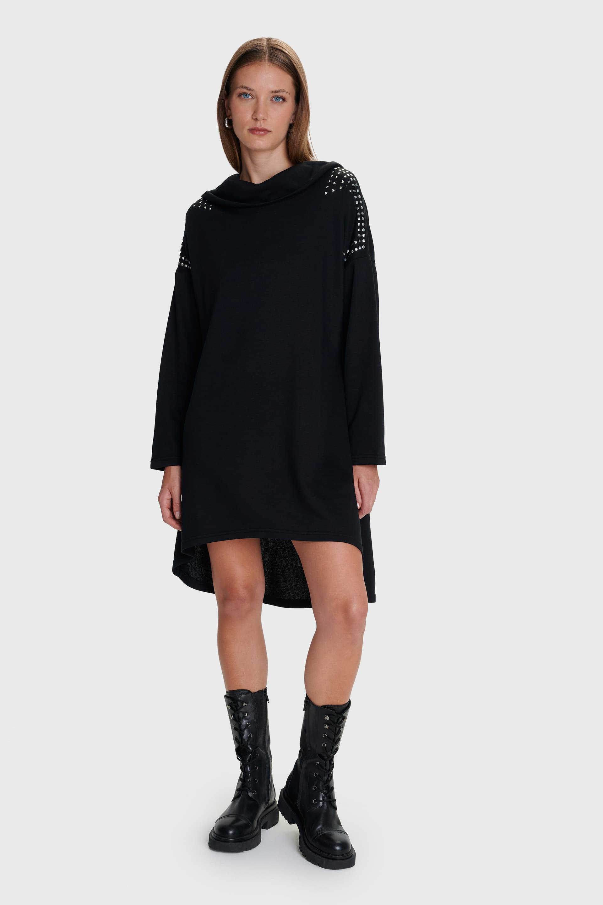 Φόρεμα μίνι ασύμμετρο με κουκούλα - Μαύρο