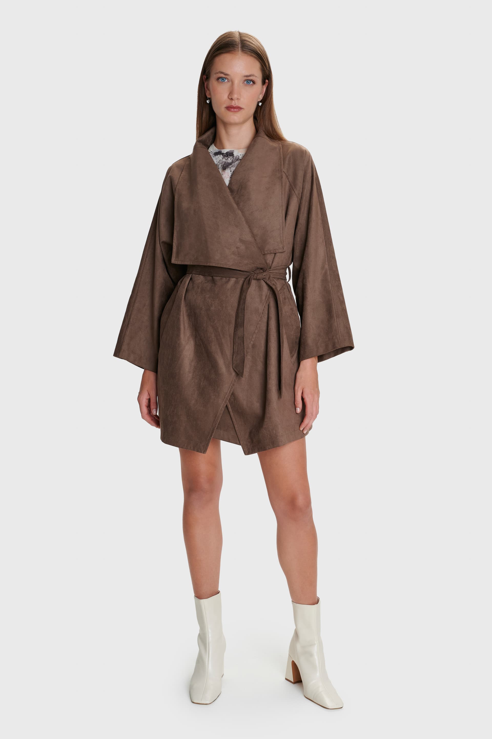 Ημίπαλτο τύπου σουέτ με ζώνη - CAPPUCCINO